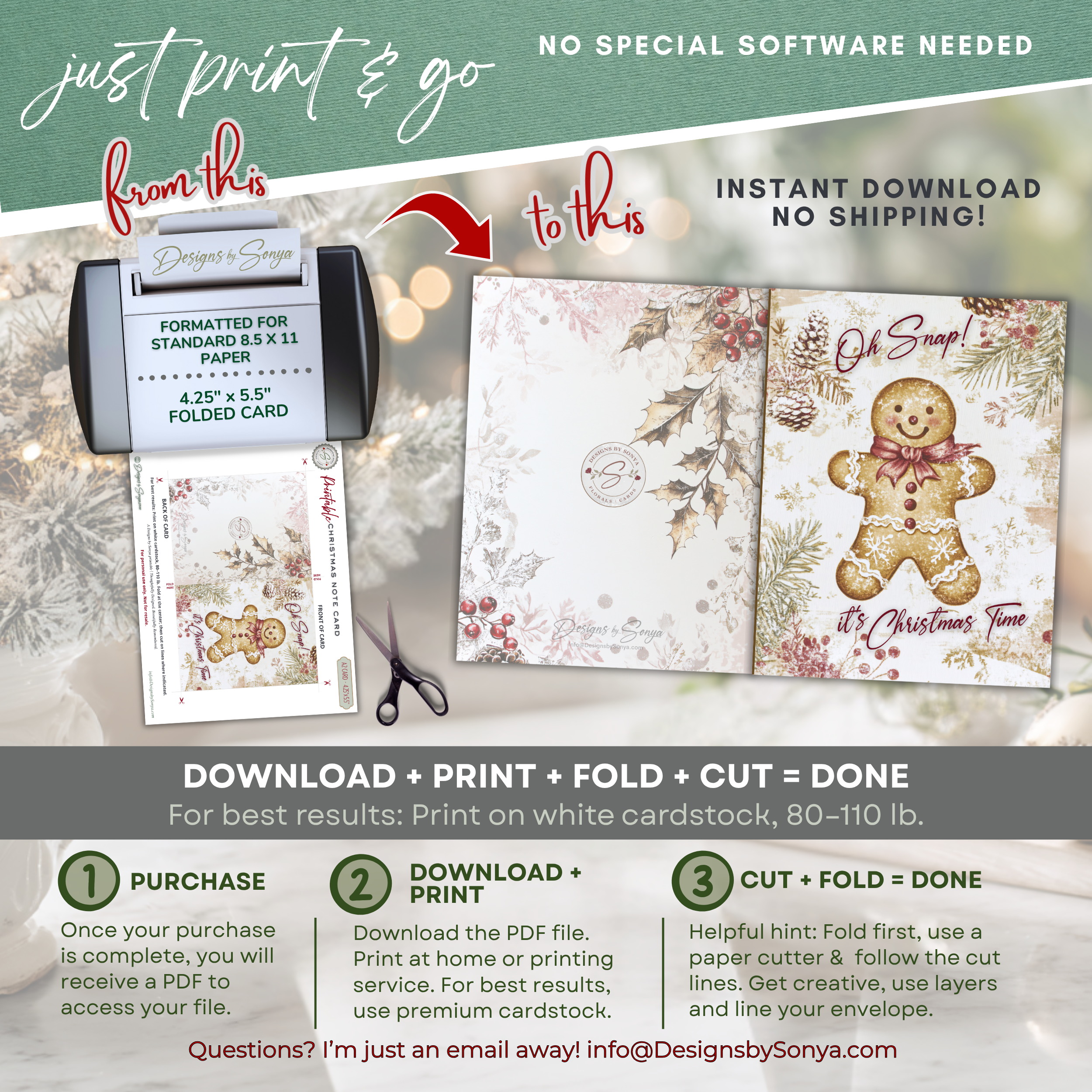 Gingerbread Christmas Printable Card • A2 (4.25" x 5.5") Folded Holiday Greeting Note Card • Oh Snap Design • Christmas Stationery