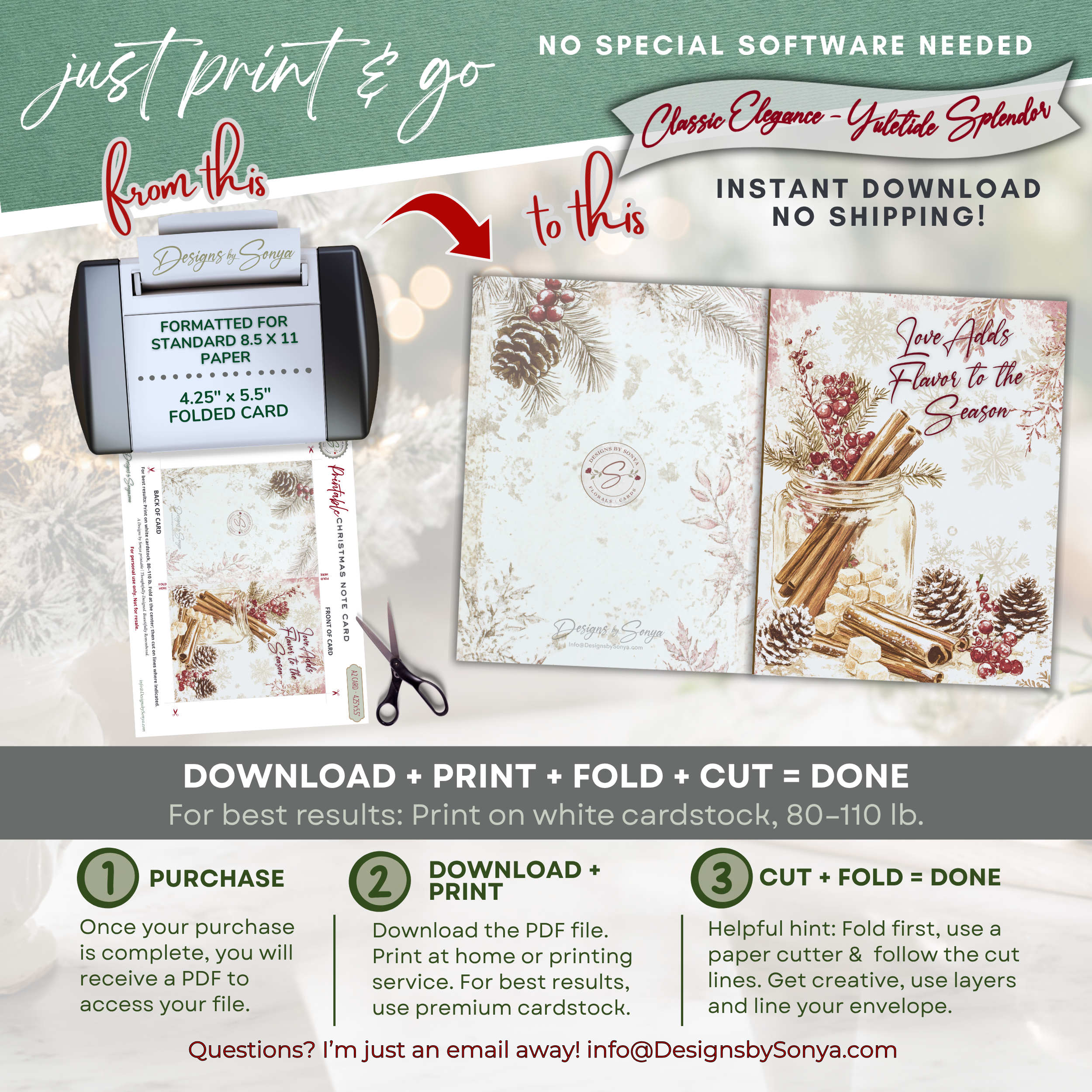 Flavor of the Season Printable Card • A2 (4.25" x 5.5") Folded Holiday Greeting Note Card • Cozy Cinnamon & Berry Design • Christmas Stationery