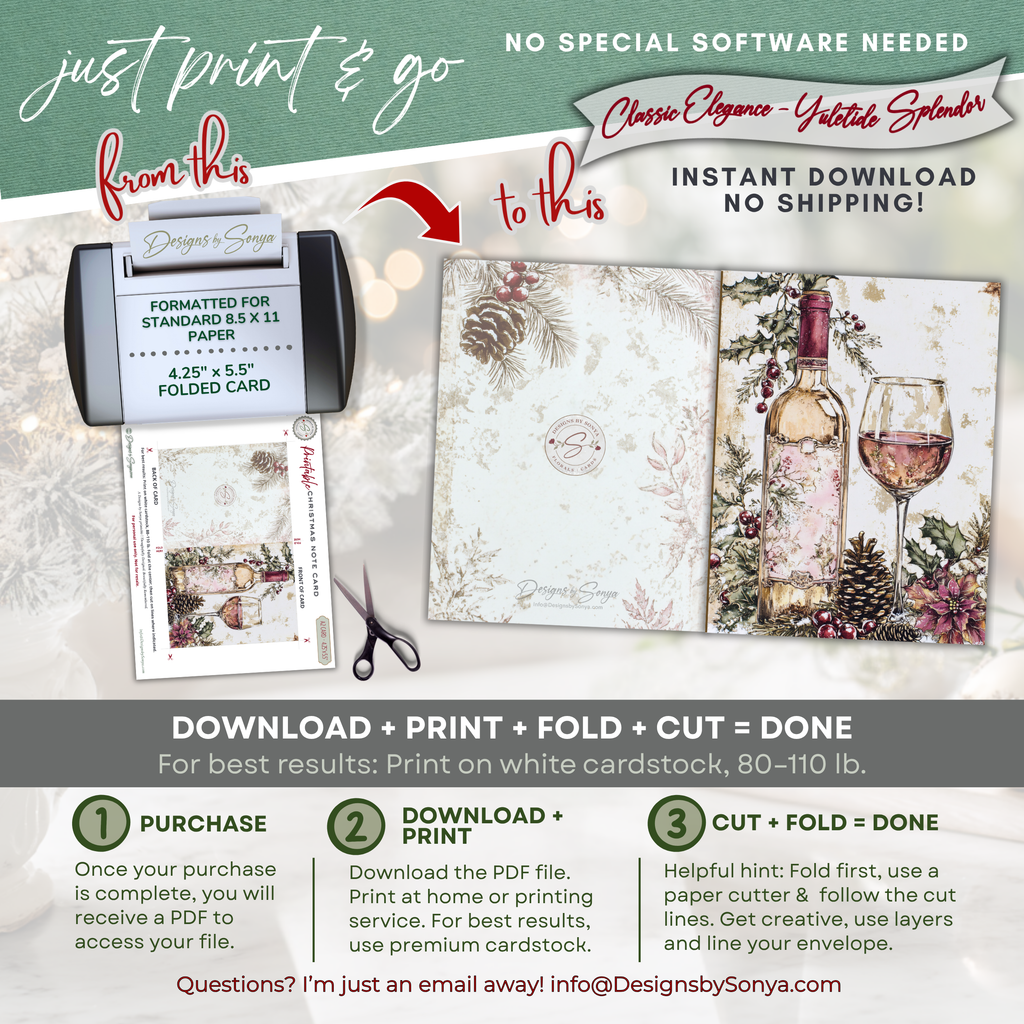 Holiday Toast Christmas Printable Card • A2 (4.25" x 5.5") Folded Holiday Greeting Note Card • Festive Wine Design • Christmas Stationery