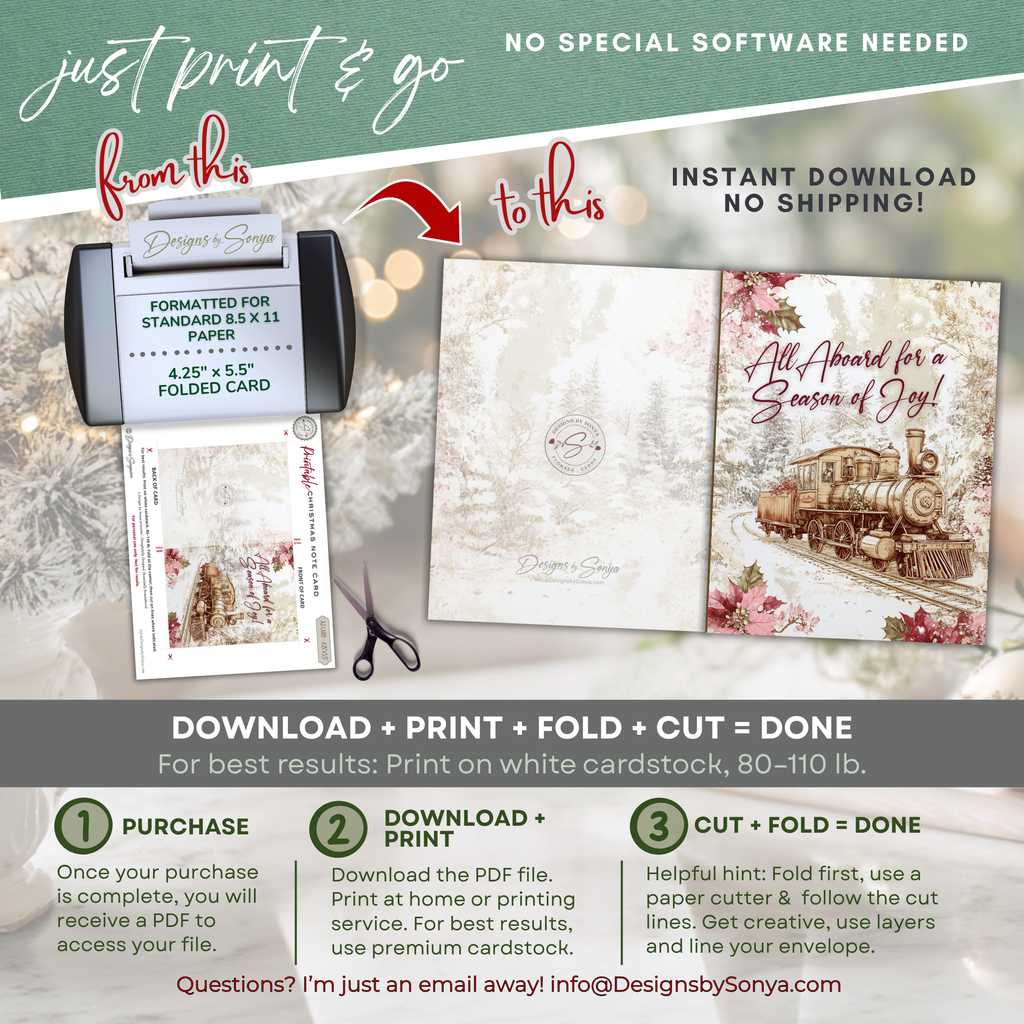 Vintage Christmas Train Printable Card • A2 (4.25" x 5.5") Folded Holiday Greeting Note Card • Railway Steam Engine Art • Winter Stationery