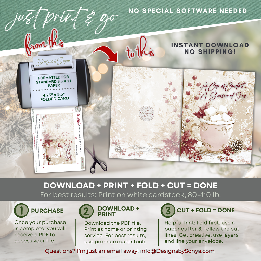 Vintage Hot Cocoa Christmas Printable Card • A2 (4.25" x 5.5") Folded Holiday Greeting Note Card • Winter Mug Art • Christmas Stationery