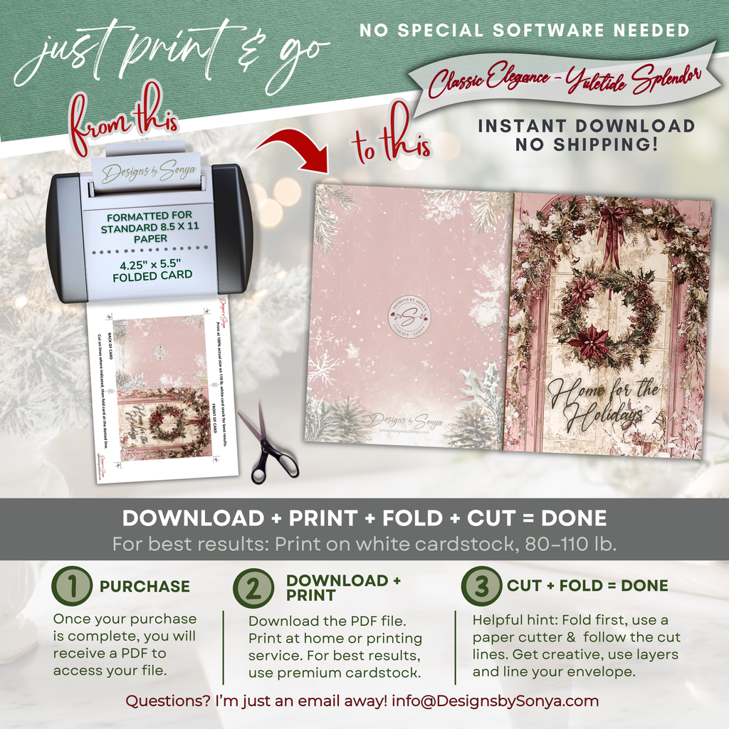 Home for the Holidays Christmas Printable Card • A2 (4.25" x 5.5") Folded Holiday Greeting Note Card • Vintage Design • Christmas Stationery