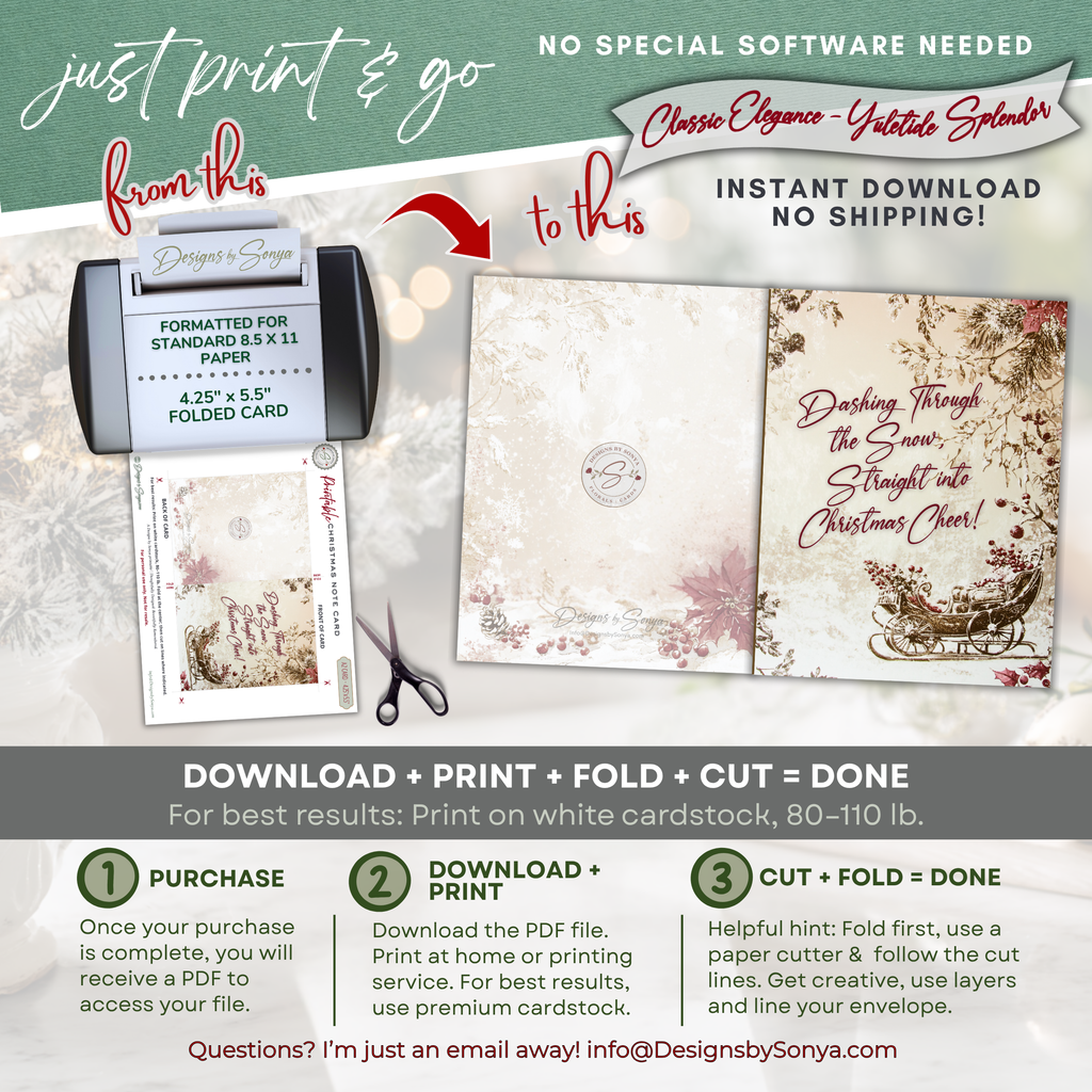 Vintage Sleigh Christmas Note Card, Printable Holiday Greeting Card, Dashing Through the Snow, A2  (4.25x5.5"), Elegant Christmas Stationery