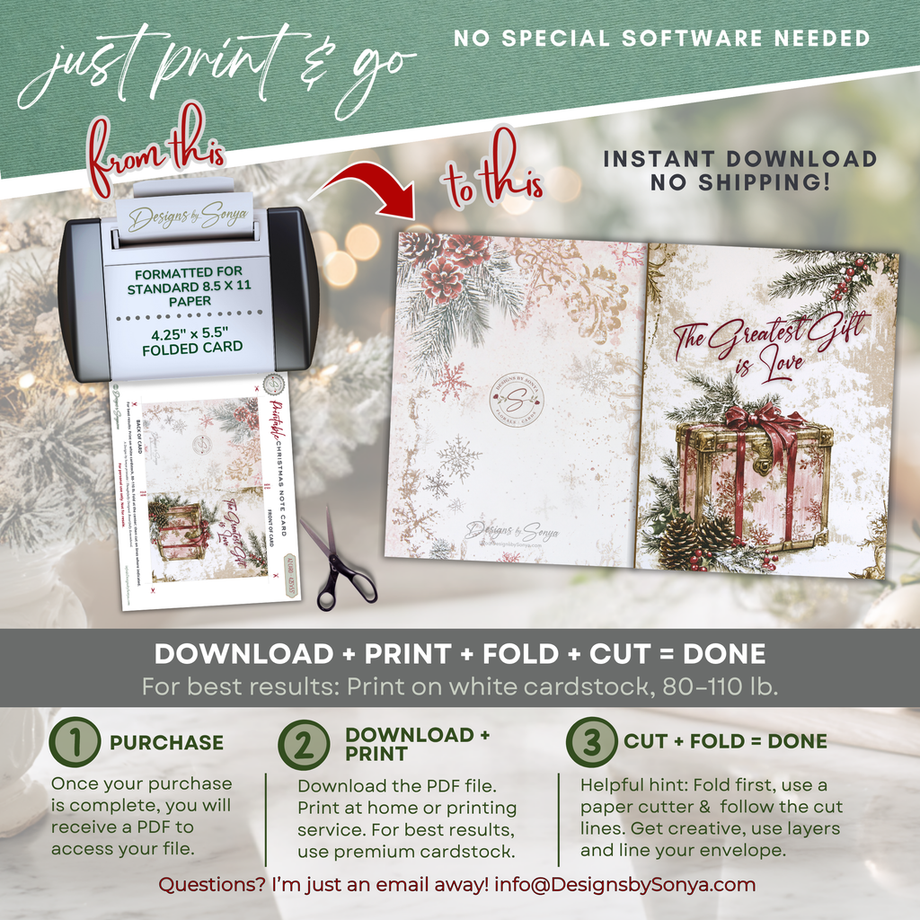 The "Greatest Gift Is Love" Card | Vintage Christmas Printable | Elegant Holiday Note Card | A2 (4.25x5.5) Folded Card | Digital Download