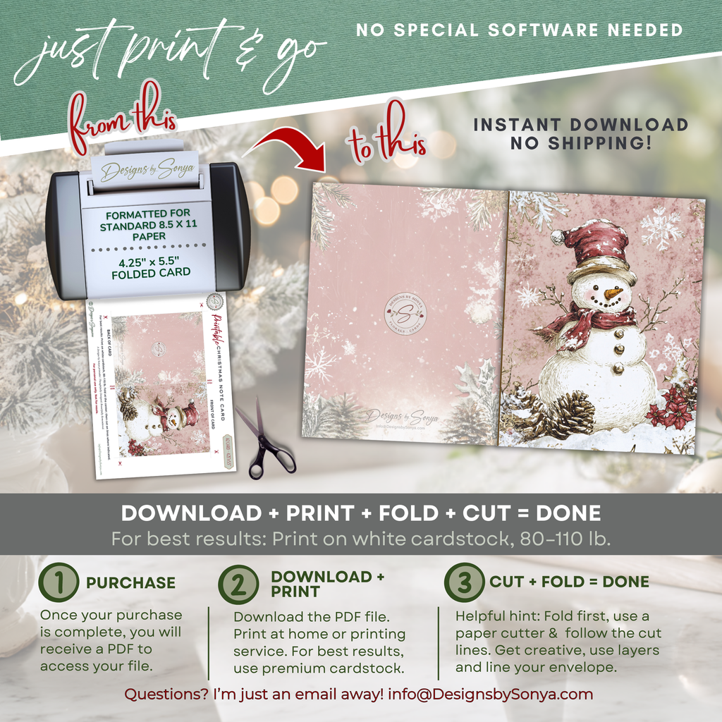Vintage Snowman Christmas Printable Card • A2 (4.25" x 5.5") Folded Holiday Greeting Note Card • Winter Snowflake Art • Christmas Stationery