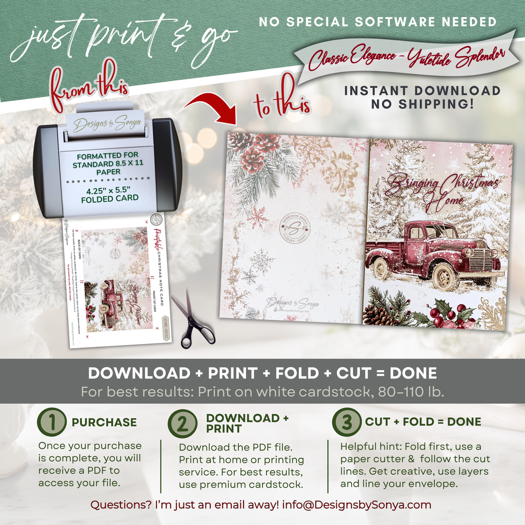 Bringing Christmas Home Printable Card • A2 (4.25" x 5.5") Folded Holiday Greeting Note Card • Vintage Red Truck Design • Christmas Stationery