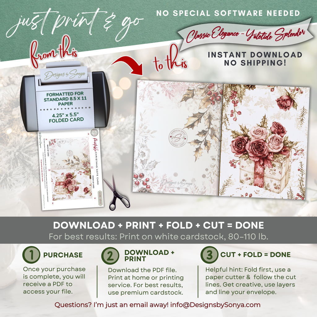 Floral Gift Box Christmas Printable Card • A2 (4.25" x 5.5") Folded Holiday Greeting Note Card • Winter Rose Bouquet Design • Christmas Stationery