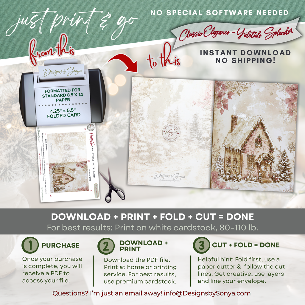 Gingerbread Cottage Christmas Printable Card • A2 (4.25" x 5.5") Folded Holiday Greeting Note Card • Vintage Storybook Design • Christmas Stationery