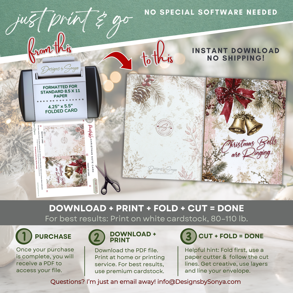 Christmas Bells Printable Card • A2 (4.25" x 5.5") Folded Holiday Greeting Note Card • Festive Bell Art • Winter Pine & Bow • Christmas Stationery