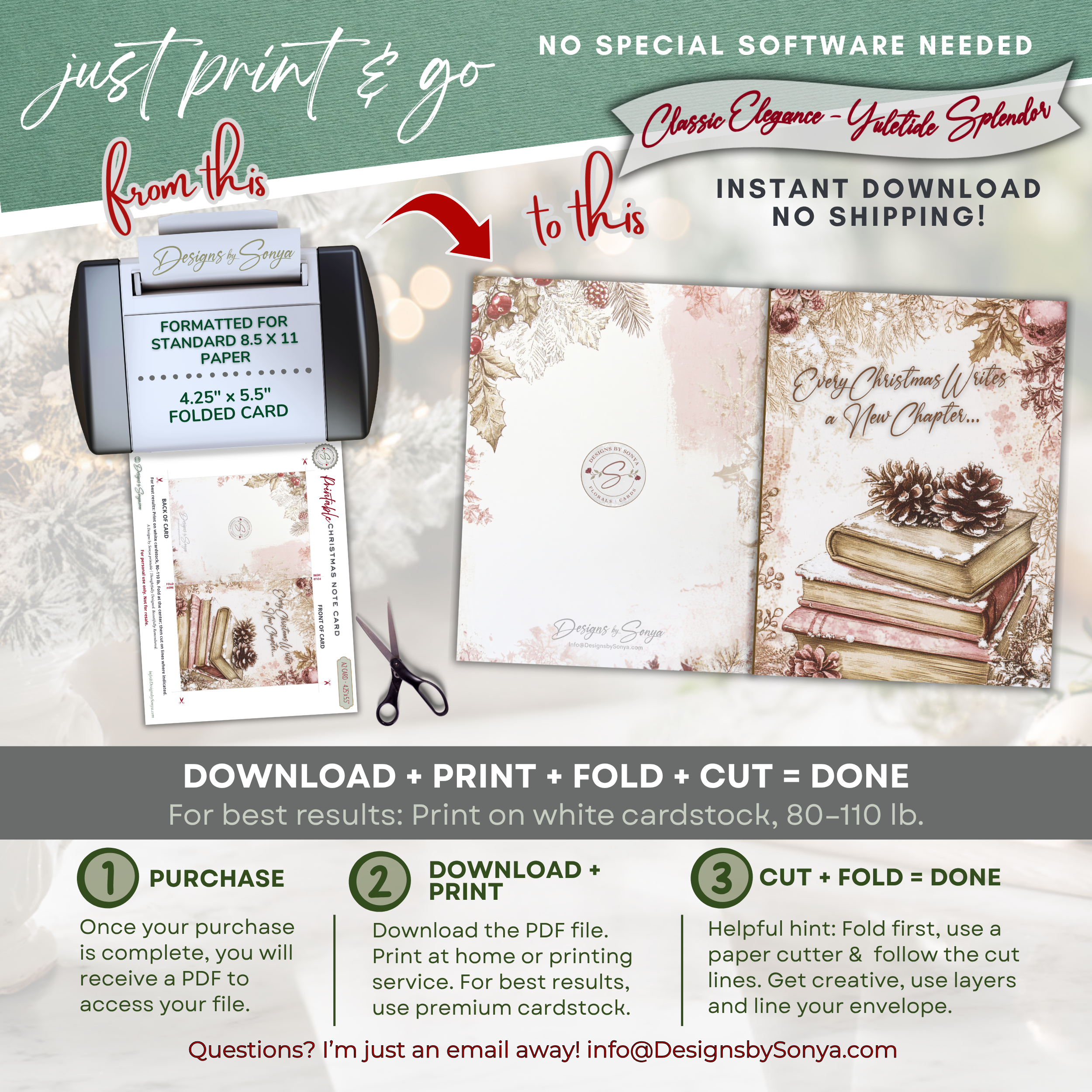 Every Christmas Writes a New Chapter Printable Card • A2 (4.25" x 5.5") Folded Holiday Greeting Note Card • Storybook Design • Christmas Stationery