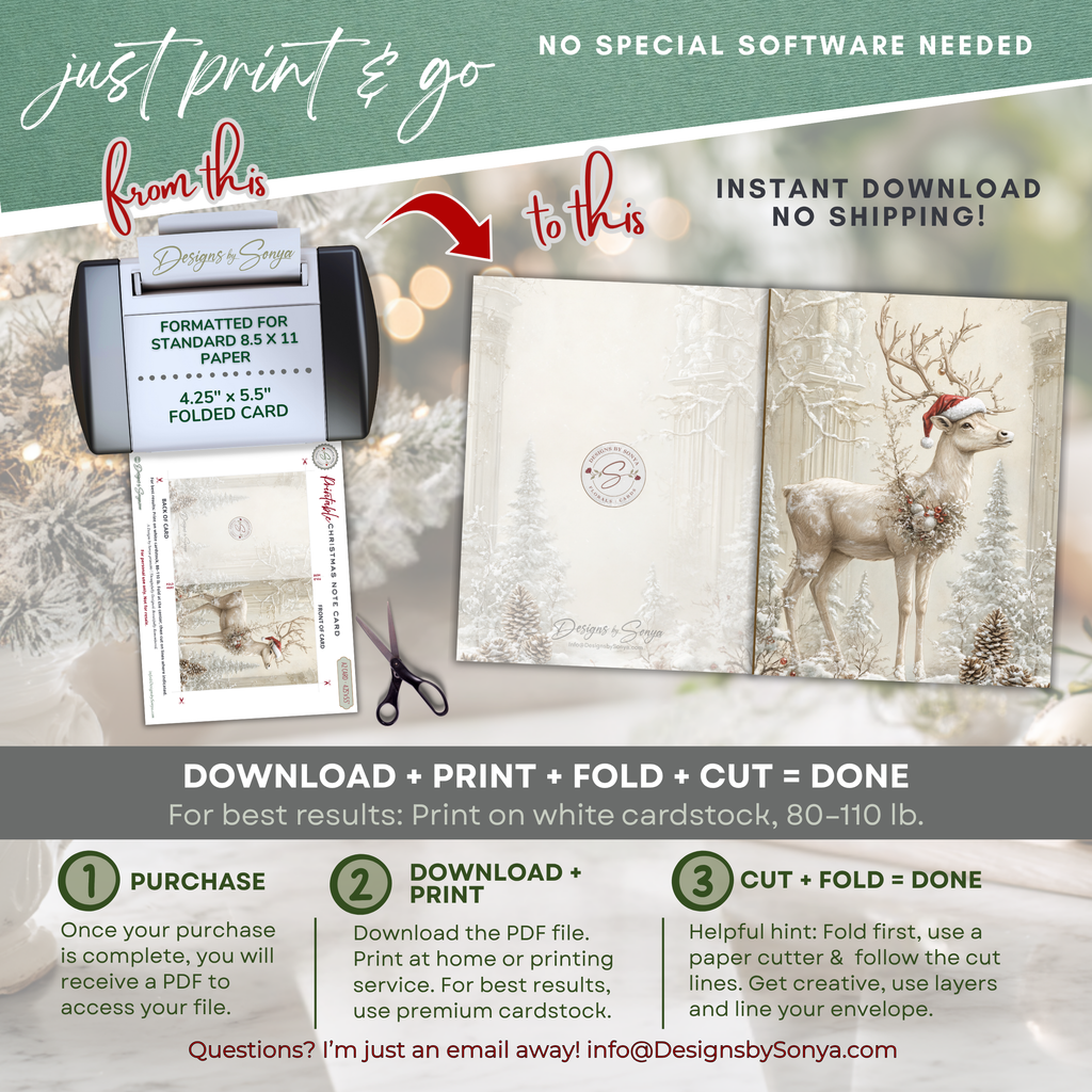 Winter Deer Christmas Note Card, Printable Holiday Greeting, Woodland Yuletide Design, A2 (4.25"x5.5") Folded Card, Elegant Christmas Art Stationery