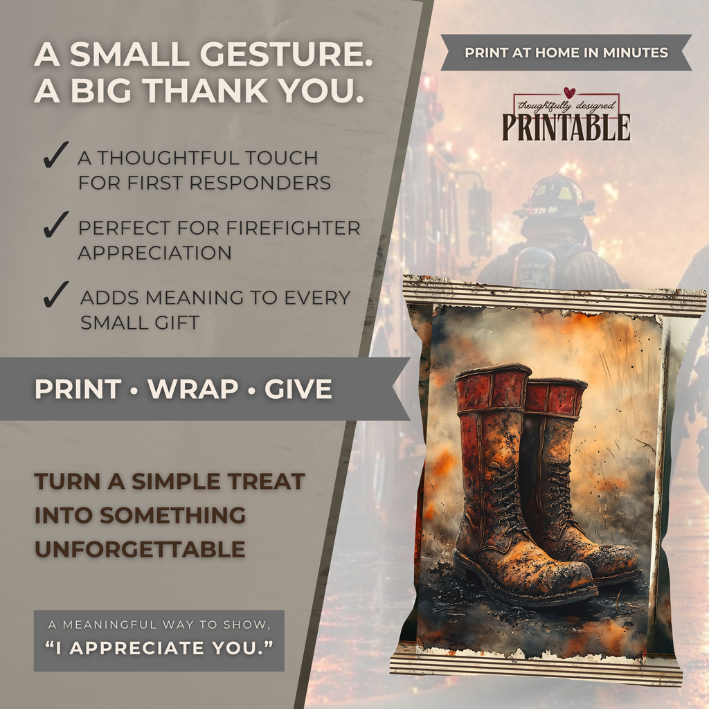 Firefighter Boots Appreciation Treat Wrapper | Printable Firefighter Thank You Gift | First Responder Hidden Treasures