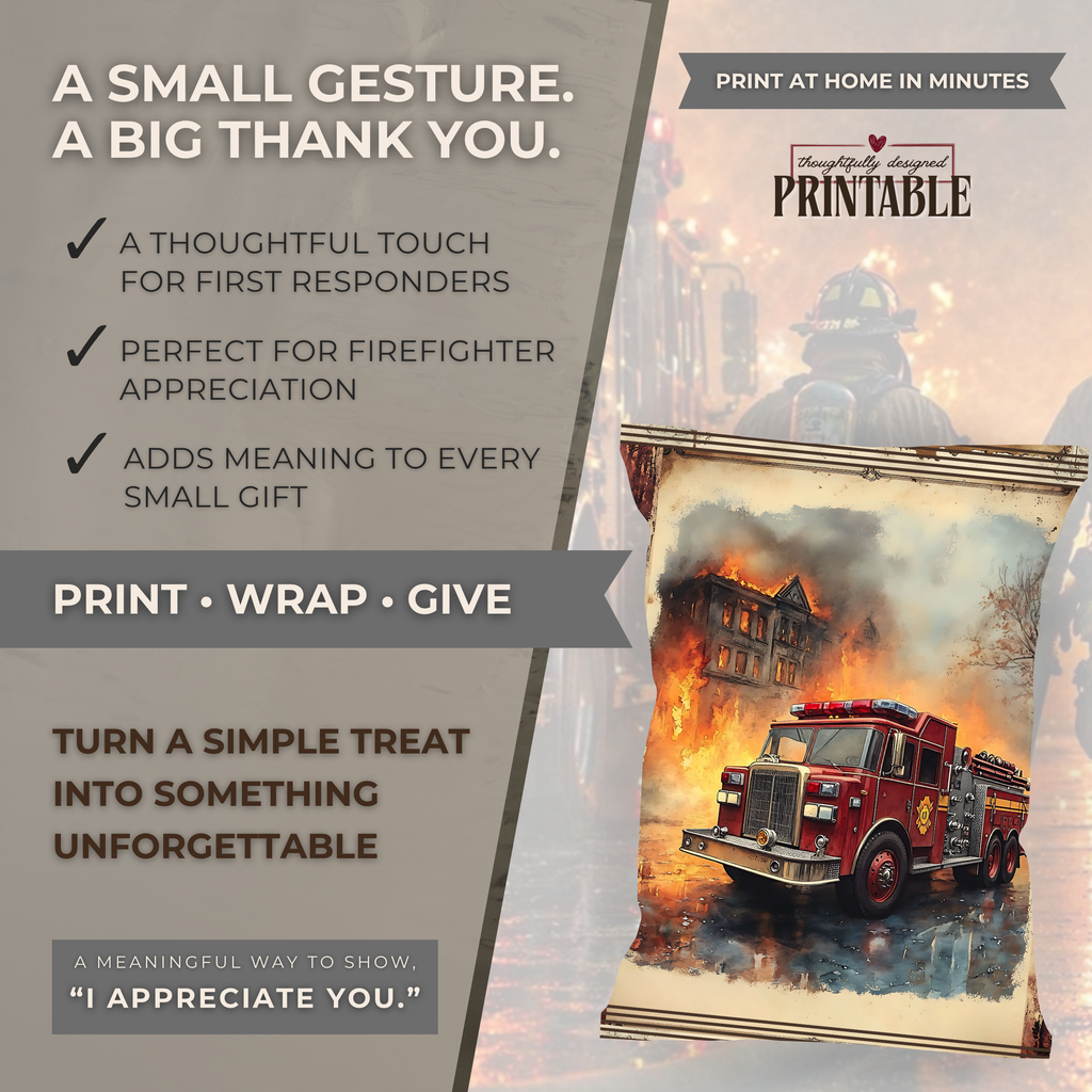 Firefighter Appreciation Hidden Treasures Wrapper | Fire Engine Printable Chip Bag | Fire Department Thank You Gift
