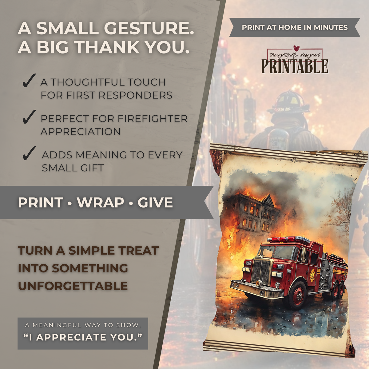 Firefighter Appreciation Hidden Treasures Wrapper | Fire Engine Printable Chip Bag | Fire Department Thank You Gift