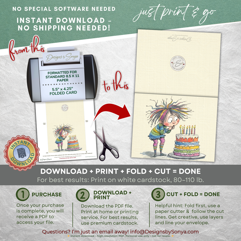 Whimsical Rainbow Birthday Printable A2 Card – Playful Watercolor Child with Cake – Instant Download Greeting Card 5.5 x 4.25