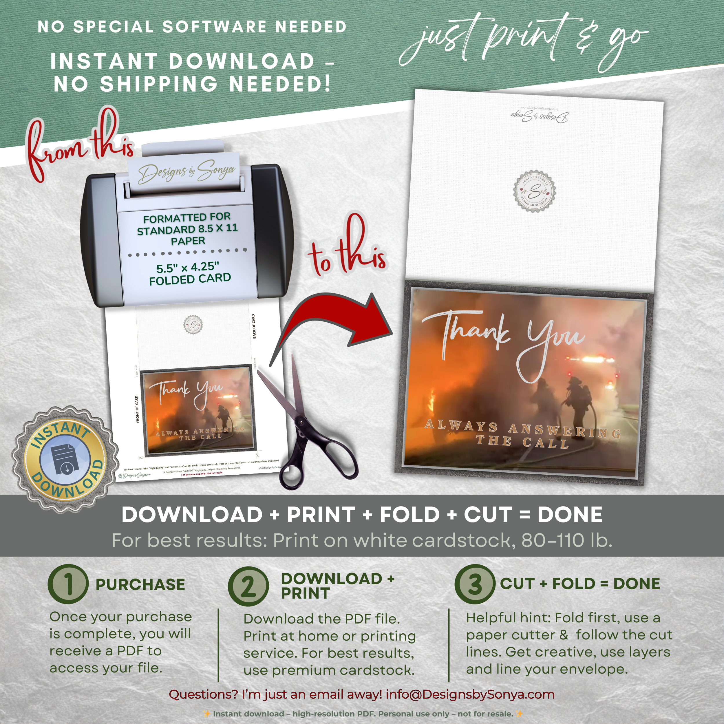 Printable First Responder Thank You Card, A2 Folded Appreciation Card, Always Answering the Call for Firefighters, EMT & Police