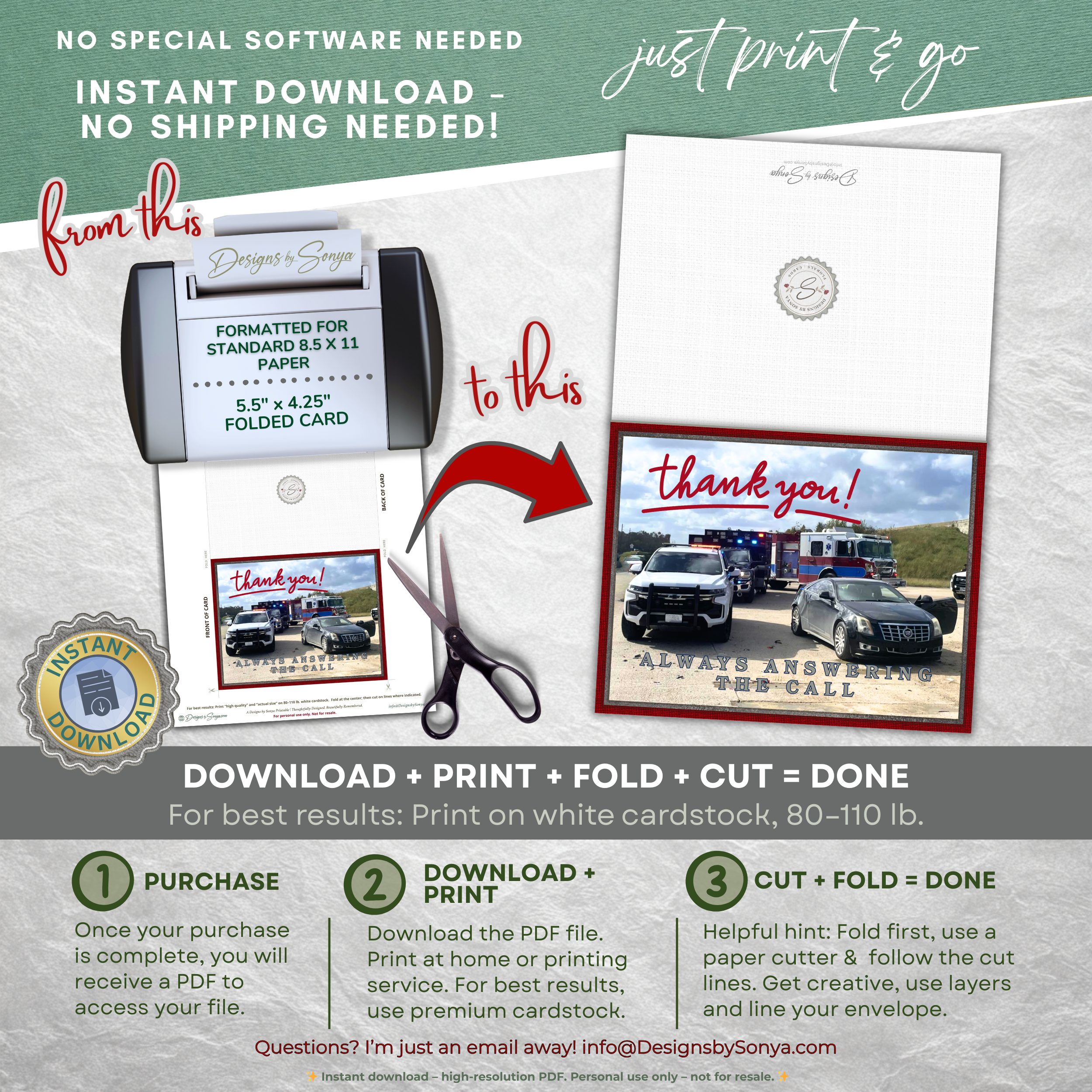 Police Fire EMS Thank You Card Printable A2 – First Responder Appreciation Card – Always Answering the Call Emergency Services Card