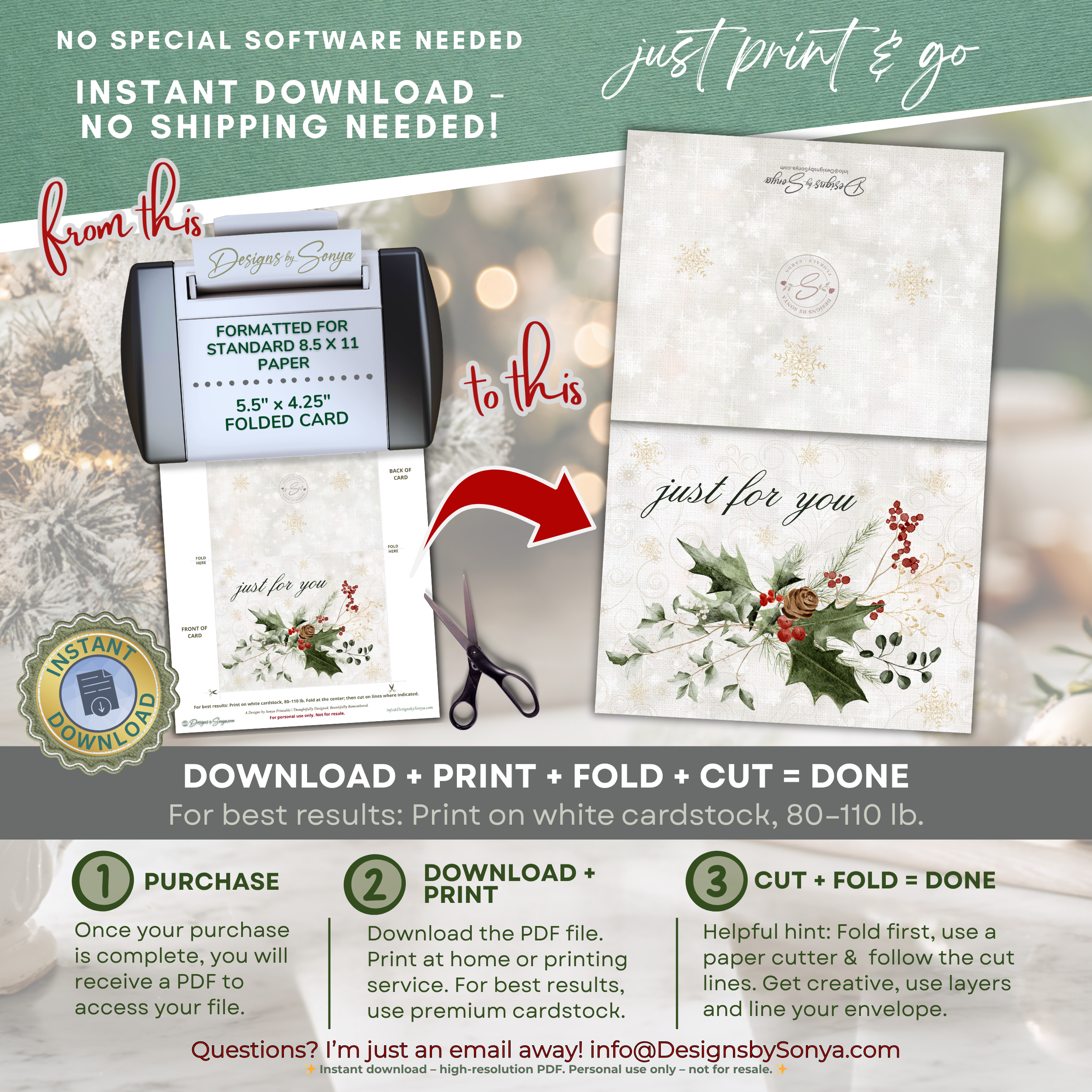 Printable Christmas Card Set of 3 • Watercolor Winter Florals • A2 Folded (5.5" x 4.25") Holiday Greeting Note Cards • Stationery Gift Set