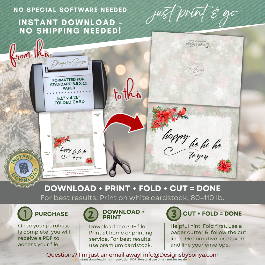 Printable Christmas Card • Watercolor Poinsettias with Cardinal • Happy Ho Ho Ho to You • A2 Holiday Note Card • Winter Floral Holiday Stationery
