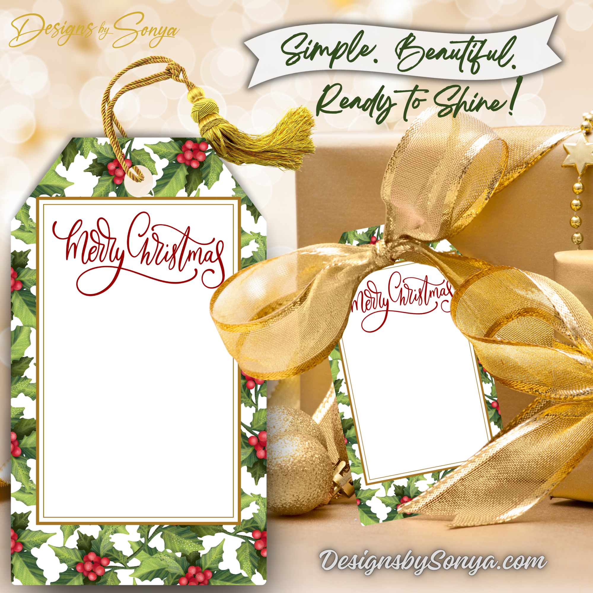 Gift Tags with Gold Ribbon
Printable Merry Christmas gift tags styled with gold ribbon on wrapped presents. Elegant, festive labels to elevate your Christmas packaging.