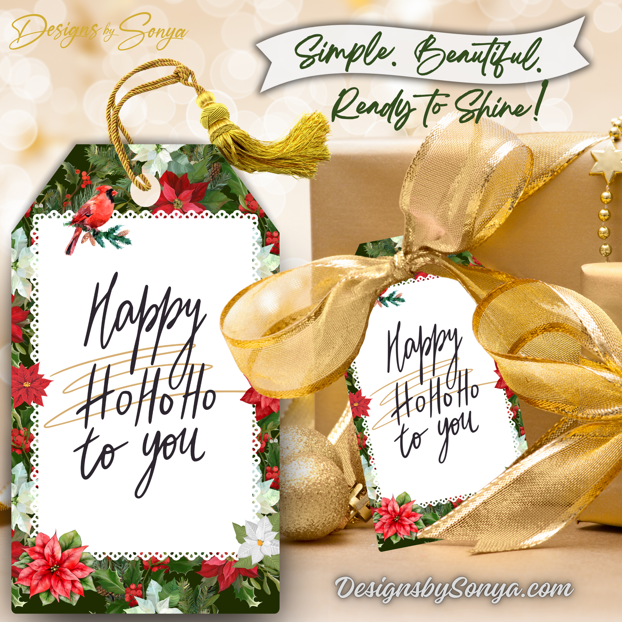 Cardinal Poinsettia Gift Tag with Gold Ribbon
Printable holiday gift tag with poinsettia border and “Happy Ho Ho Ho to You” design, styled with a gold ribbon on wrapped gift.