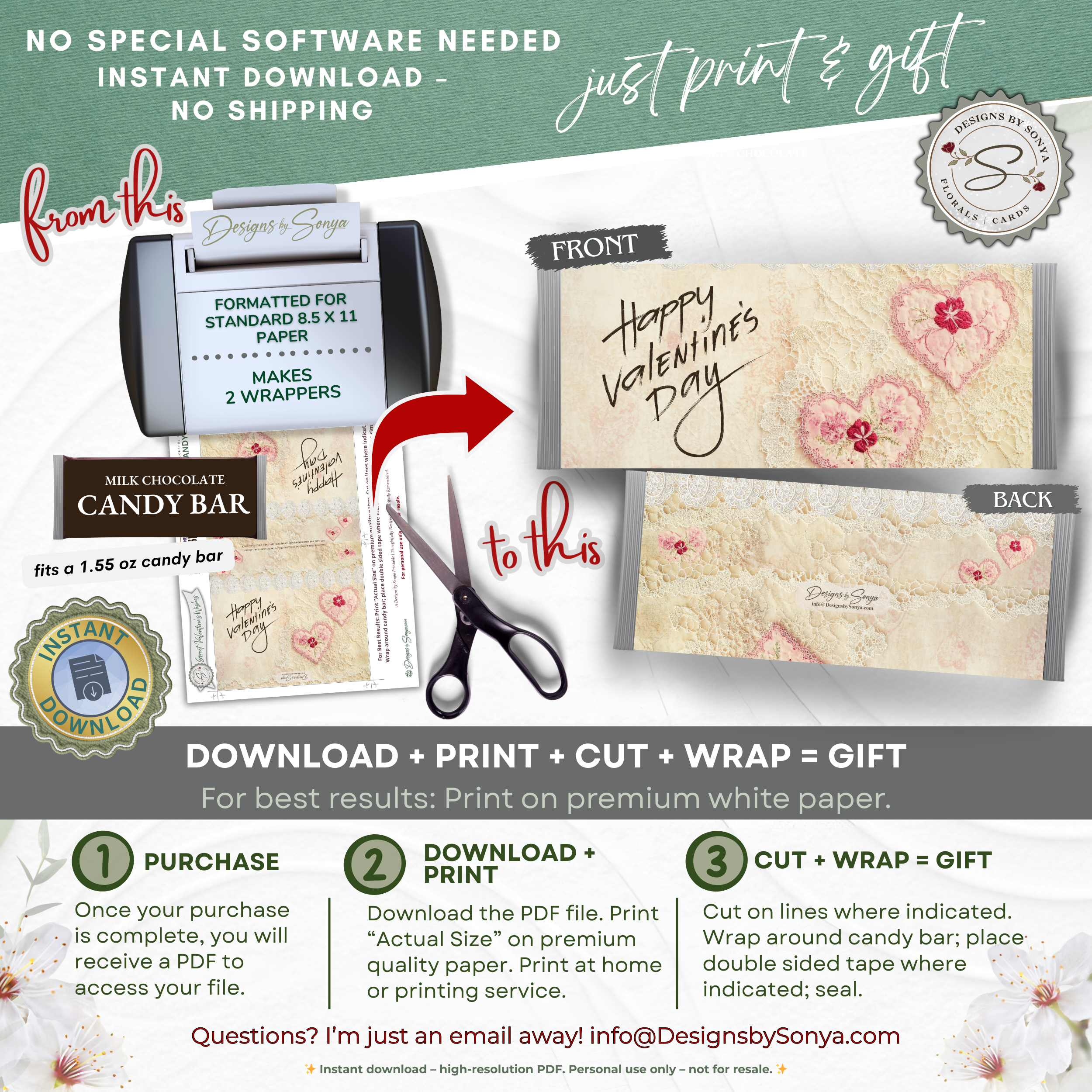 Valentine Candy Bar Wrapper Printable - Vintage Lace Heart Floral Chocolate Wrapper for 1.55 oz Candy Bar – Classroom Valentine Gift Idea