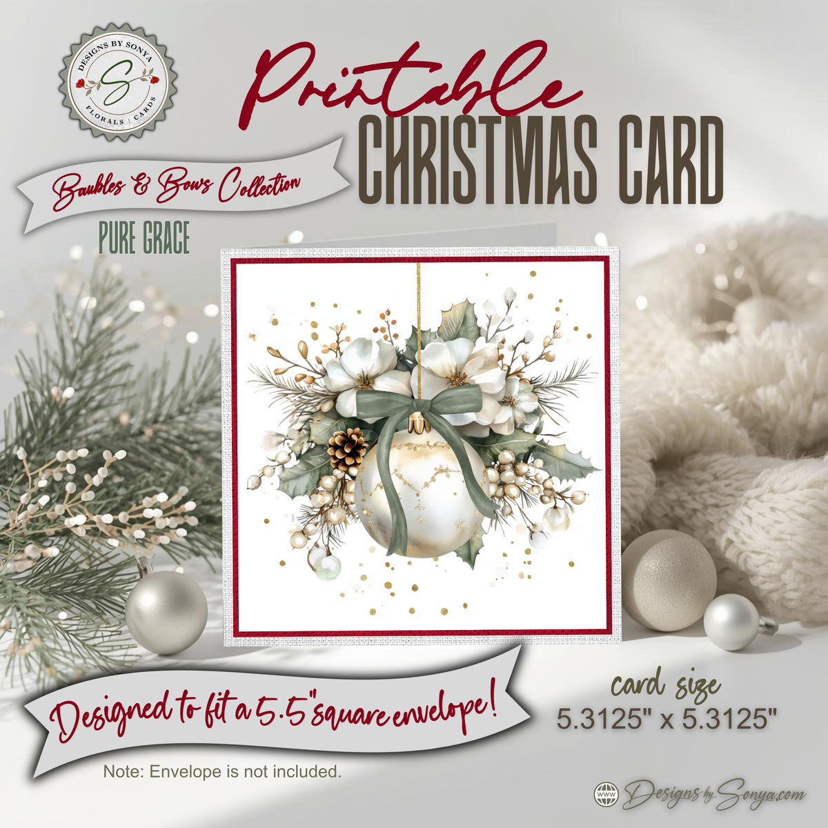 Printable Christmas Card | Sage Green Bow Ornament & White Magnolia Florals | Elegant Watercolor Square Holiday Greeting Card