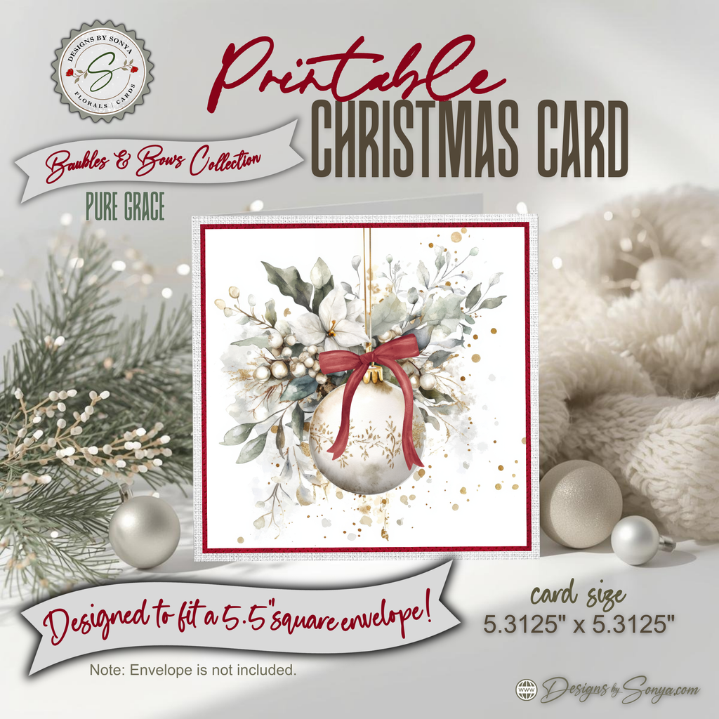 Printable Christmas Card | Red Bow Ornament & White Winter Florals | Elegant Square Holiday Greeting Card