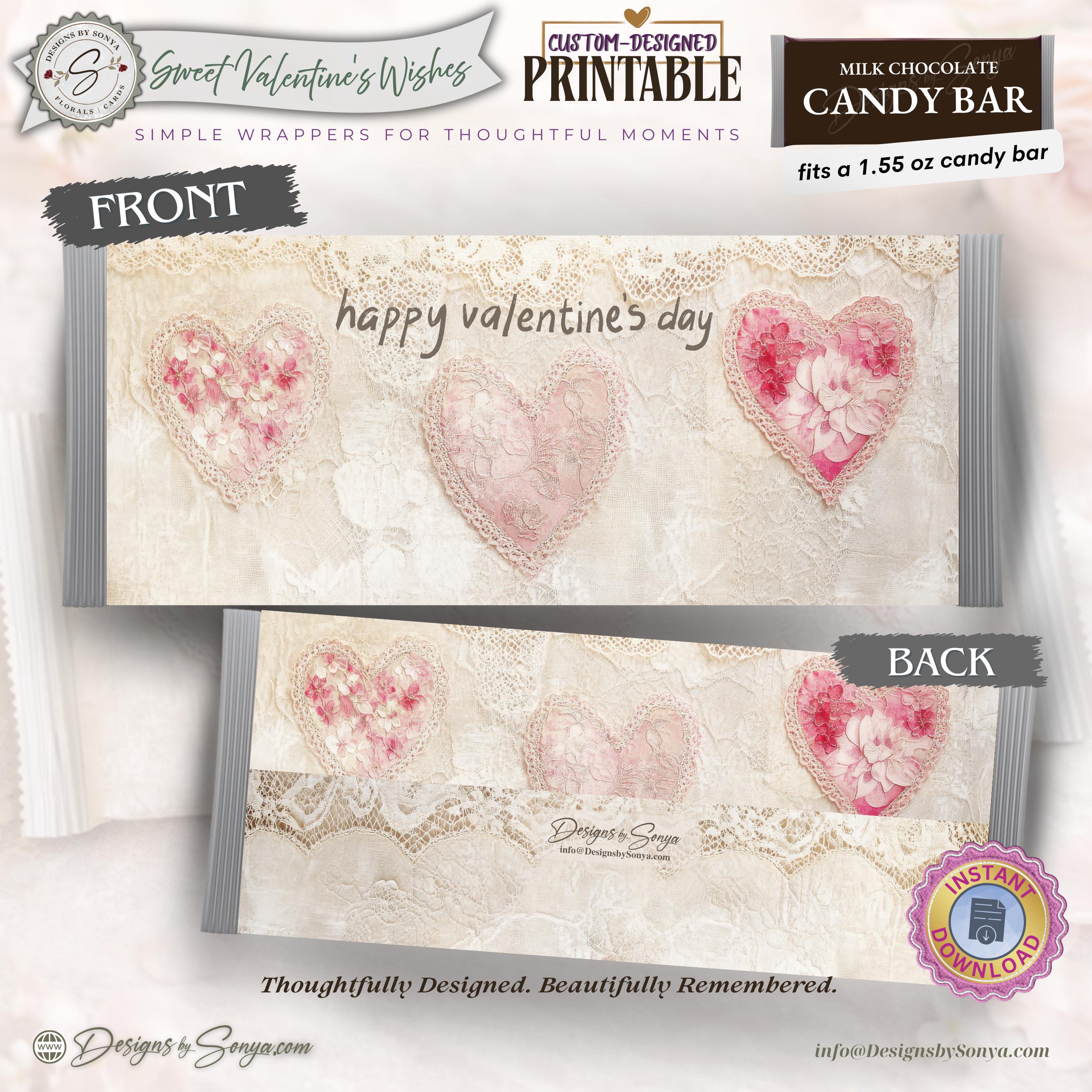 Floral Heart Valentine Chocolate Wrapper Printable – Romantic DIY Treat Wrap for 1.55 oz Candy Bars, Gifts & Party Favors