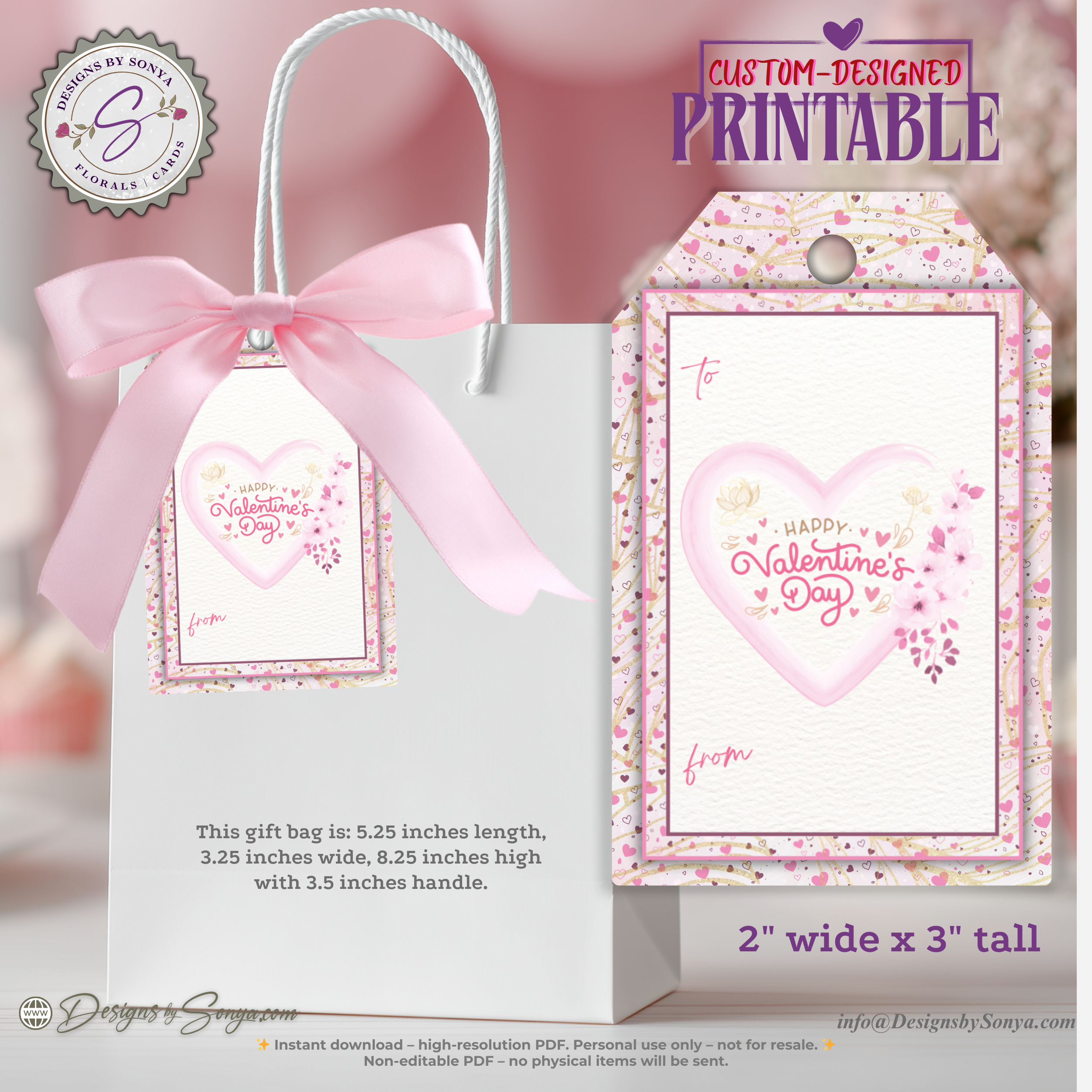 Valentine’s Day Printable Gift Tags – 4 Cute Heart Designs – 2x3 Treat Bag Tags for Classroom Gifts, Teachers, Kids, Party Favors – Instant Download