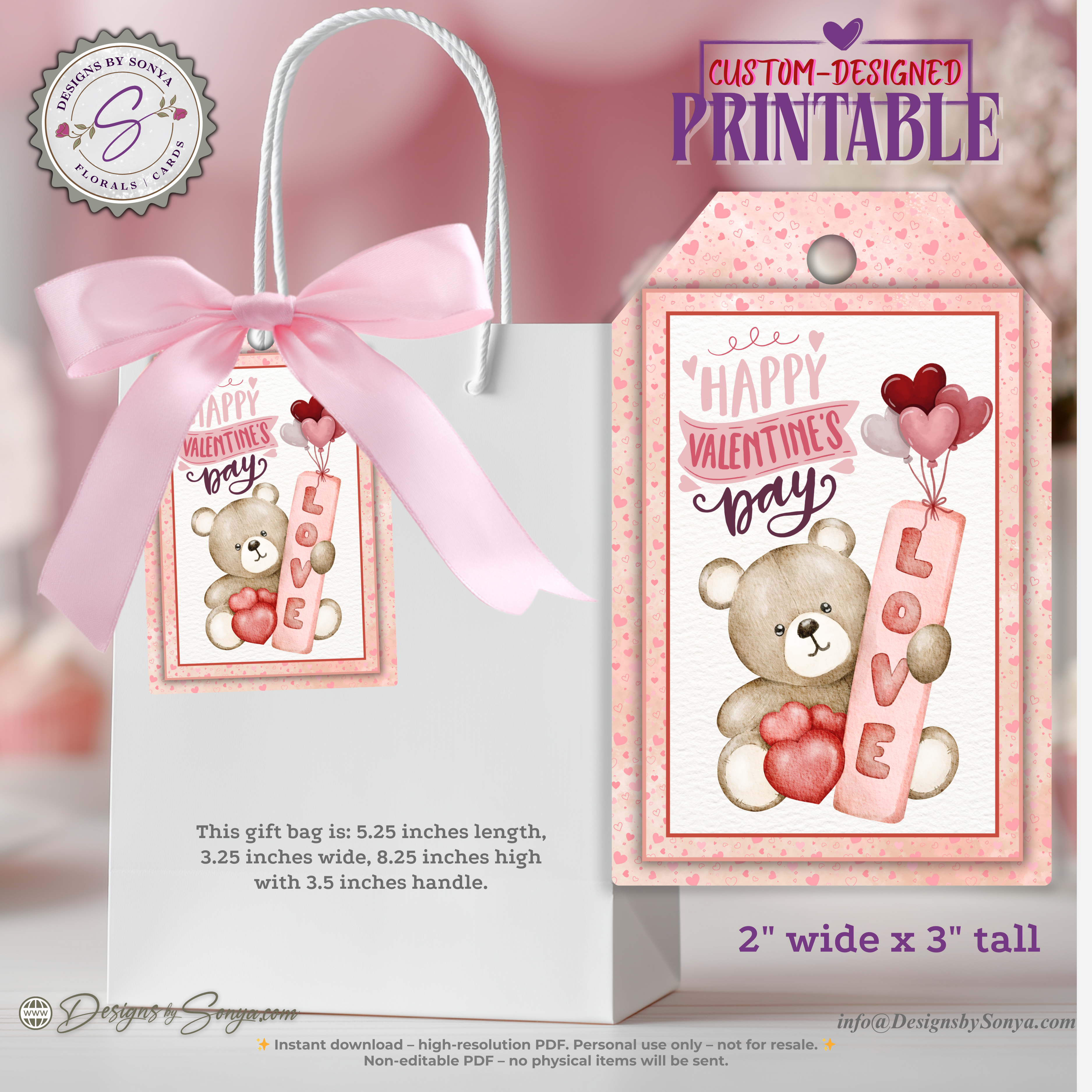 Valentine Printable Gift Tags – 4 Cute Designs for Classroom Favors, Treat Bags & Classroom Gifts – 2x3 Tags Instant Download PDF