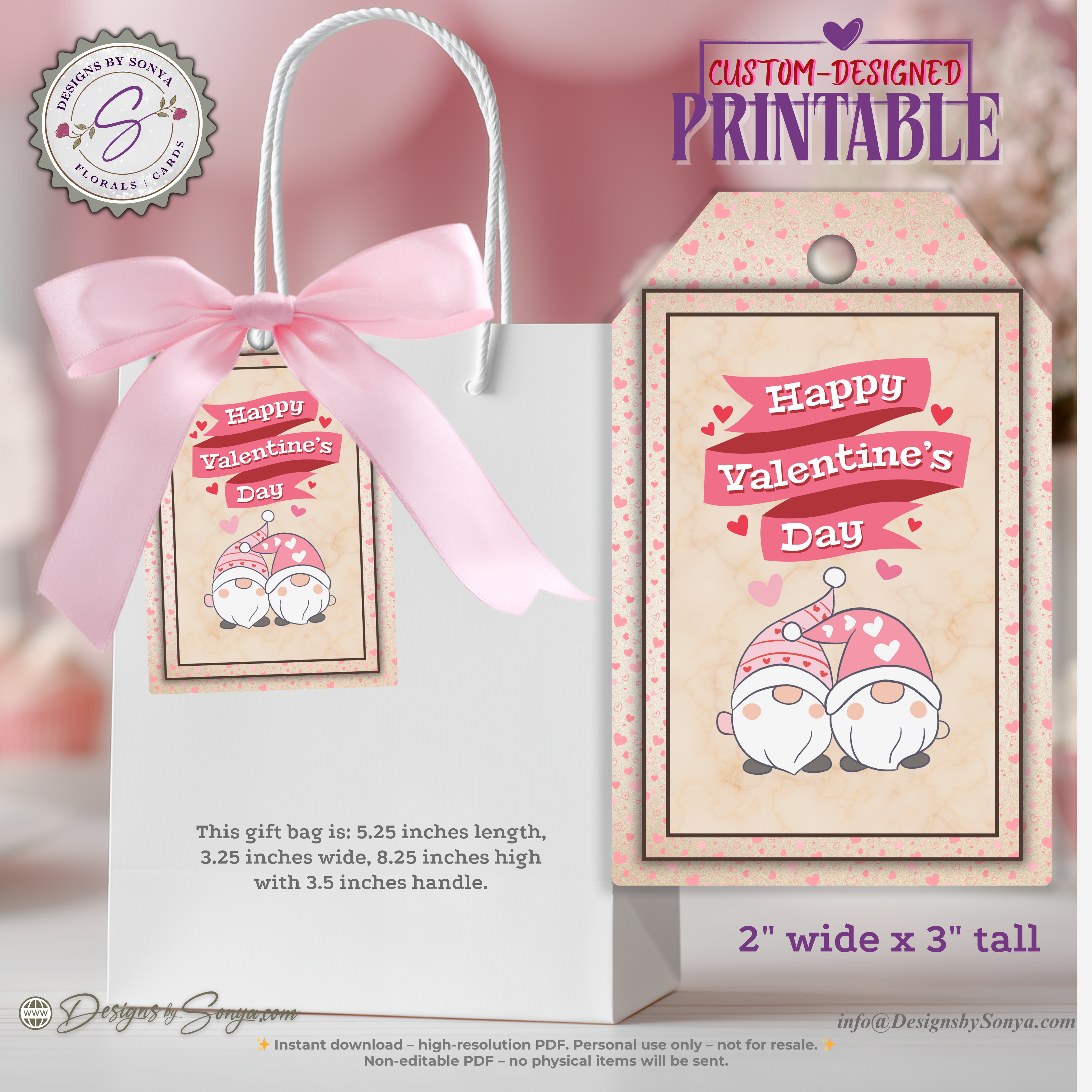 2×3 Valentine Printable Gift Tags – 4 Gnome Designs – Cute Holiday Treat Bag Tags for Classroom Parties, Teachers, Kids – DIY PDF Download