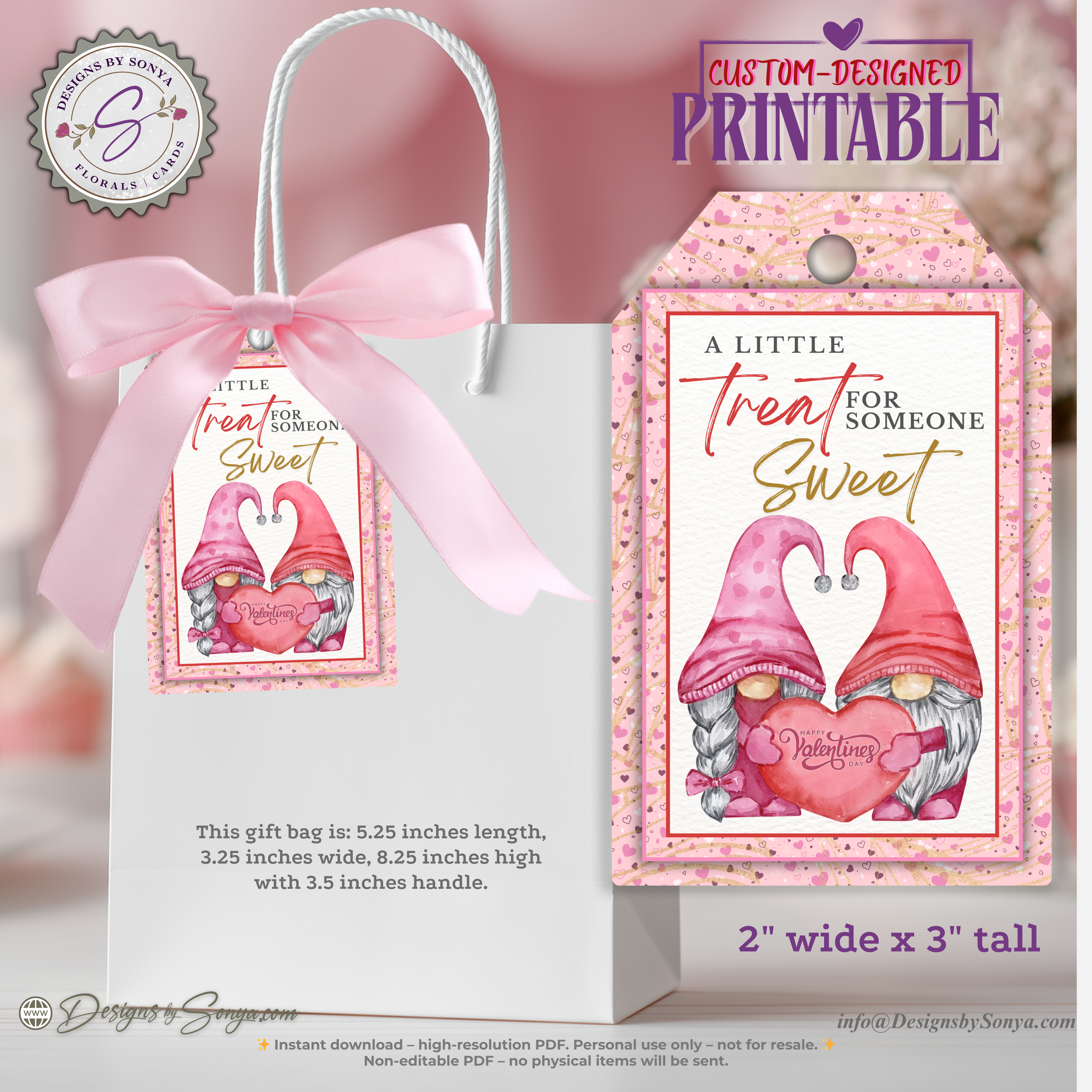 Valentine Printable Tags – Gnome Treat Tags – 4 Custom 2x3 Gift Tags for Classroom Valentines, Teachers, Party Favors, Cute DIY Candy Bags