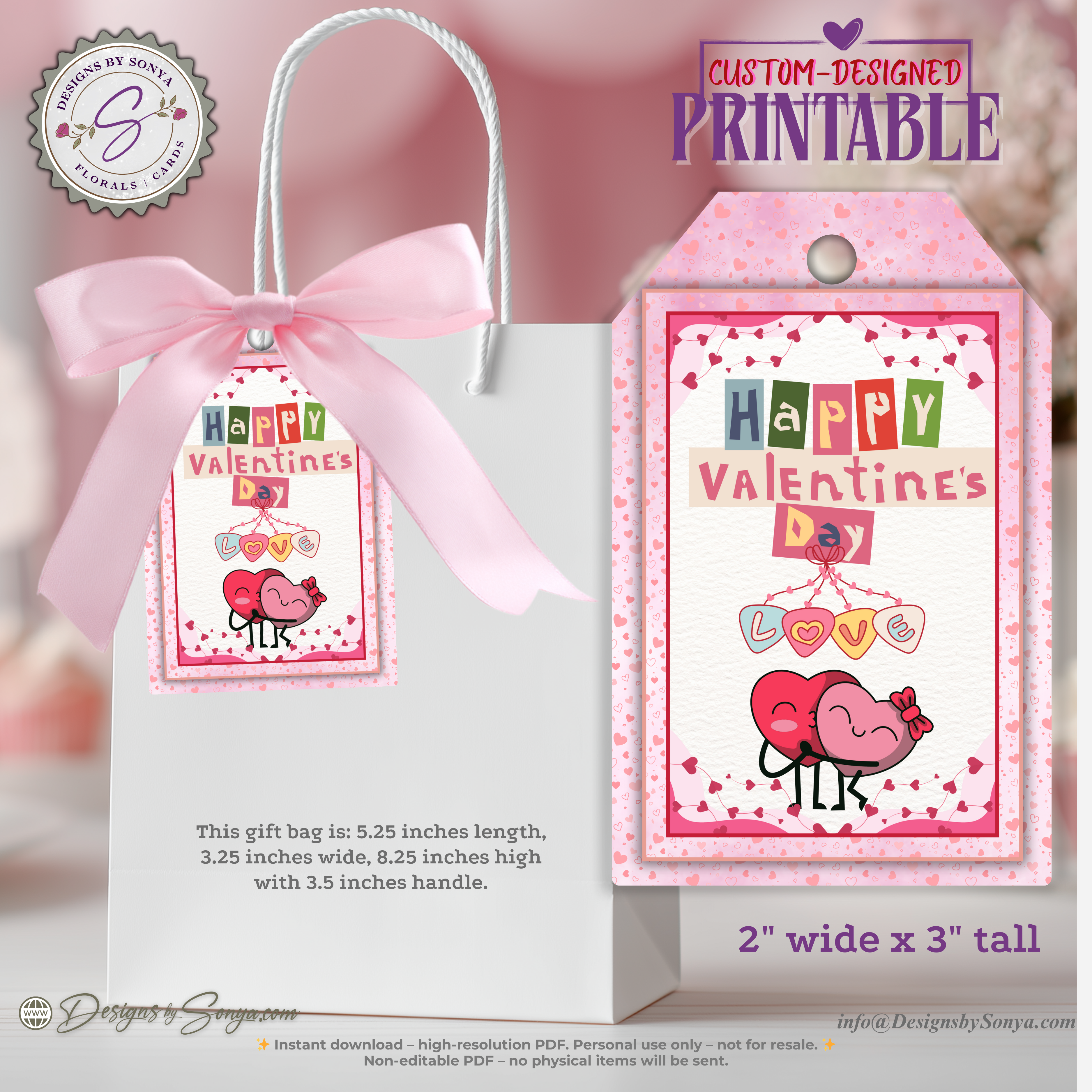 Valentine Printable Tags – 4 Designs – 2x3 Gift Tags for Treat Bags, Classroom Valentines, DIY Party Favors, Teachers, School, XOXO Hearts