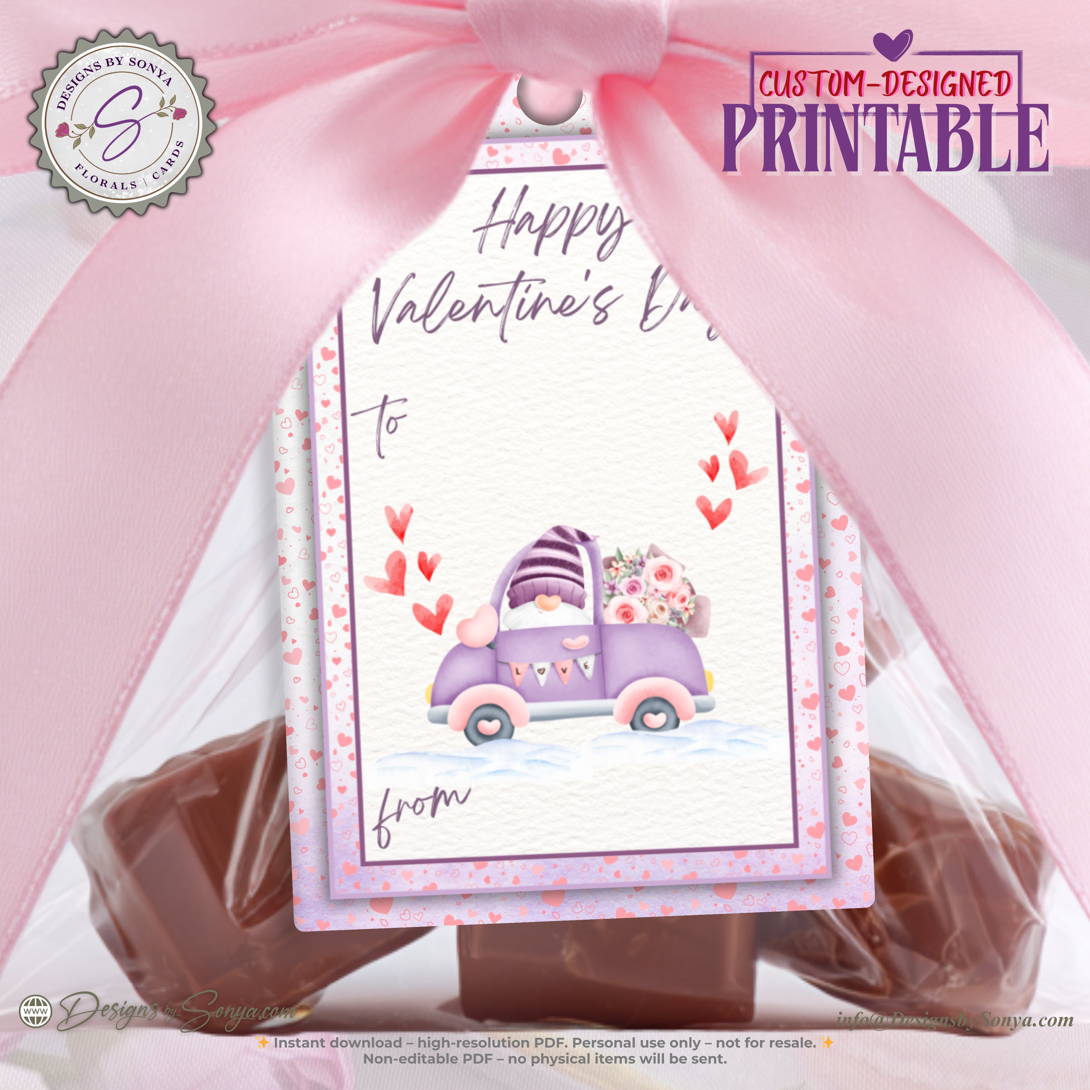 Valentine’s Day Printable Gift Tag – Cute Purple Car & Hearts – 2x3 Treat Bag Tag for Classroom Gifts, Teachers, Kids, Neighbors, DIY Valentine