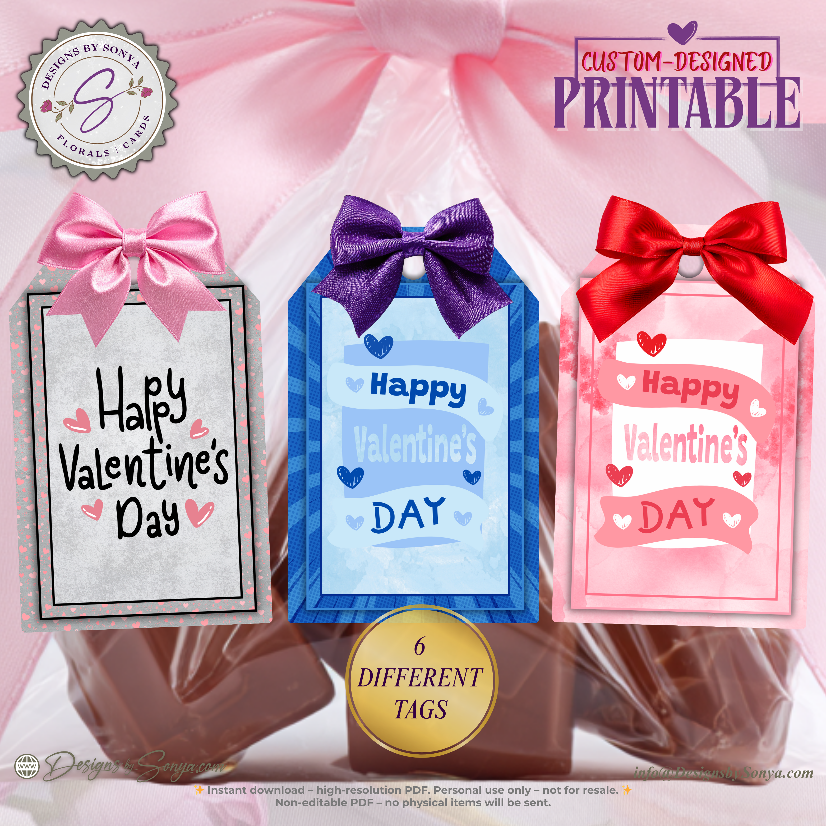 Valentine Printable Tags – 6 Designs – 2x3 Treat Bag Tags for Kids, Classroom Favors, Teachers, School Parties, DIY Valentines, XOXO Hearts