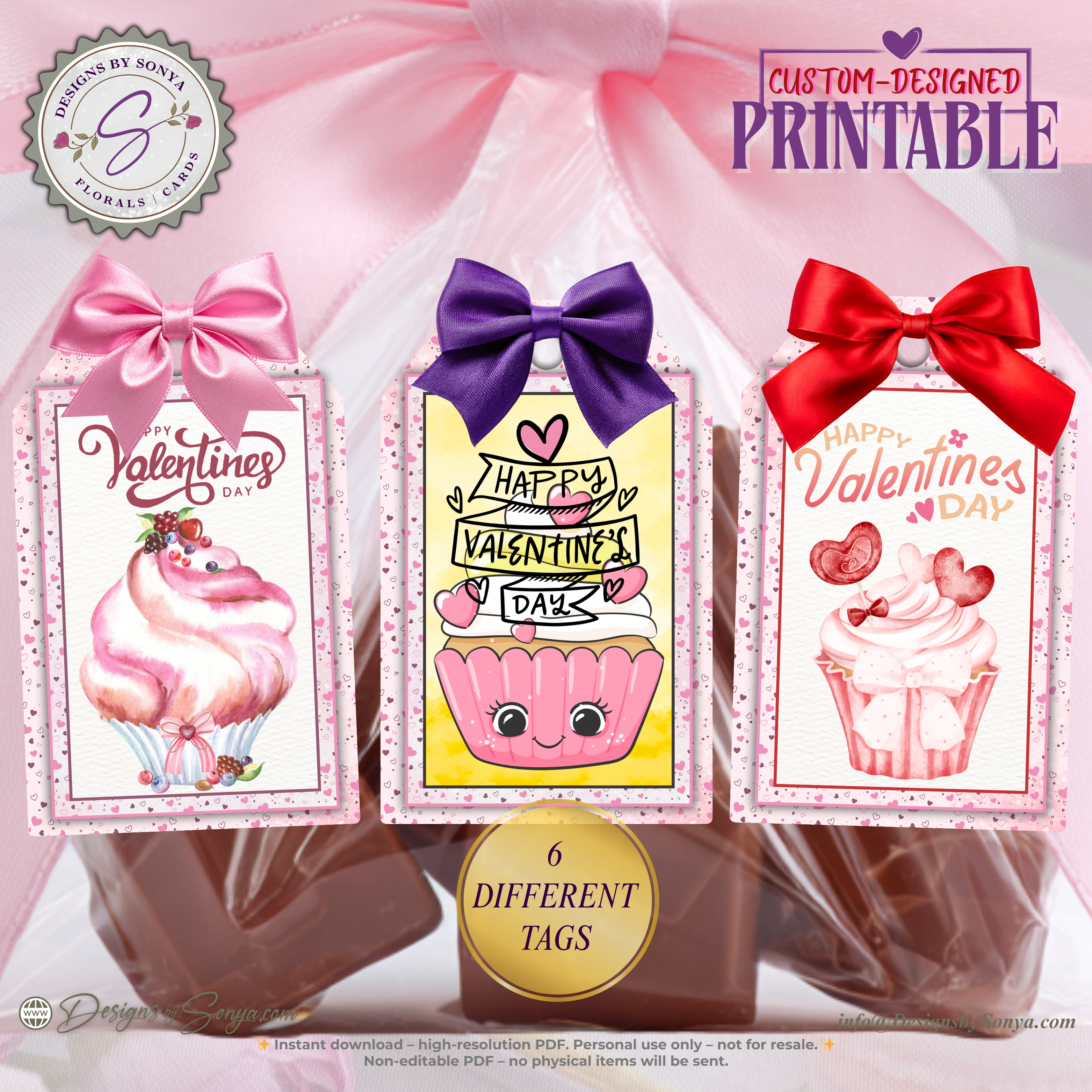 Valentine Printable Tags – Cupcake Designs – 6 Different 2x3 Treat Bag Tags for Classroom Valentines, Teachers, Party Favors, DIY Gifts