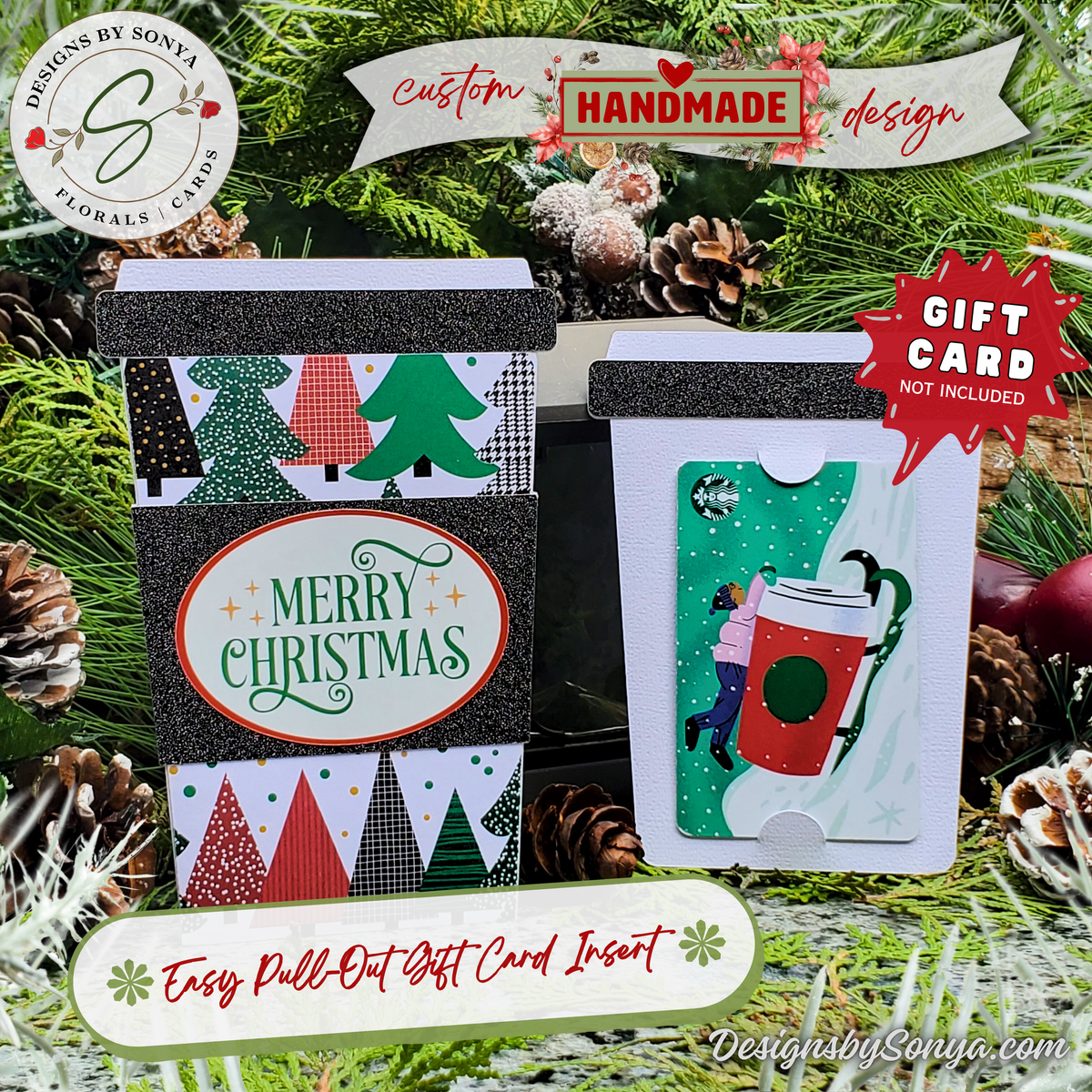 Handmade Christmas Gift Card Holder | Coffee Cup Gift Card Holder for Teachers, Coworkers & Coffee Lovers | Merry Christmas Tree Design
