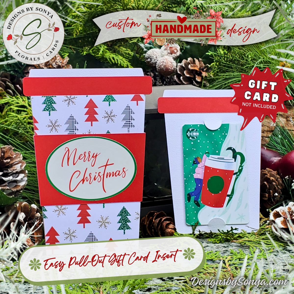 Handmade Christmas Gift Card Holder | Coffee Cup Gift Card Holder for Teachers, Coworkers & Coffee Lovers | Red & Green Christmas Trees