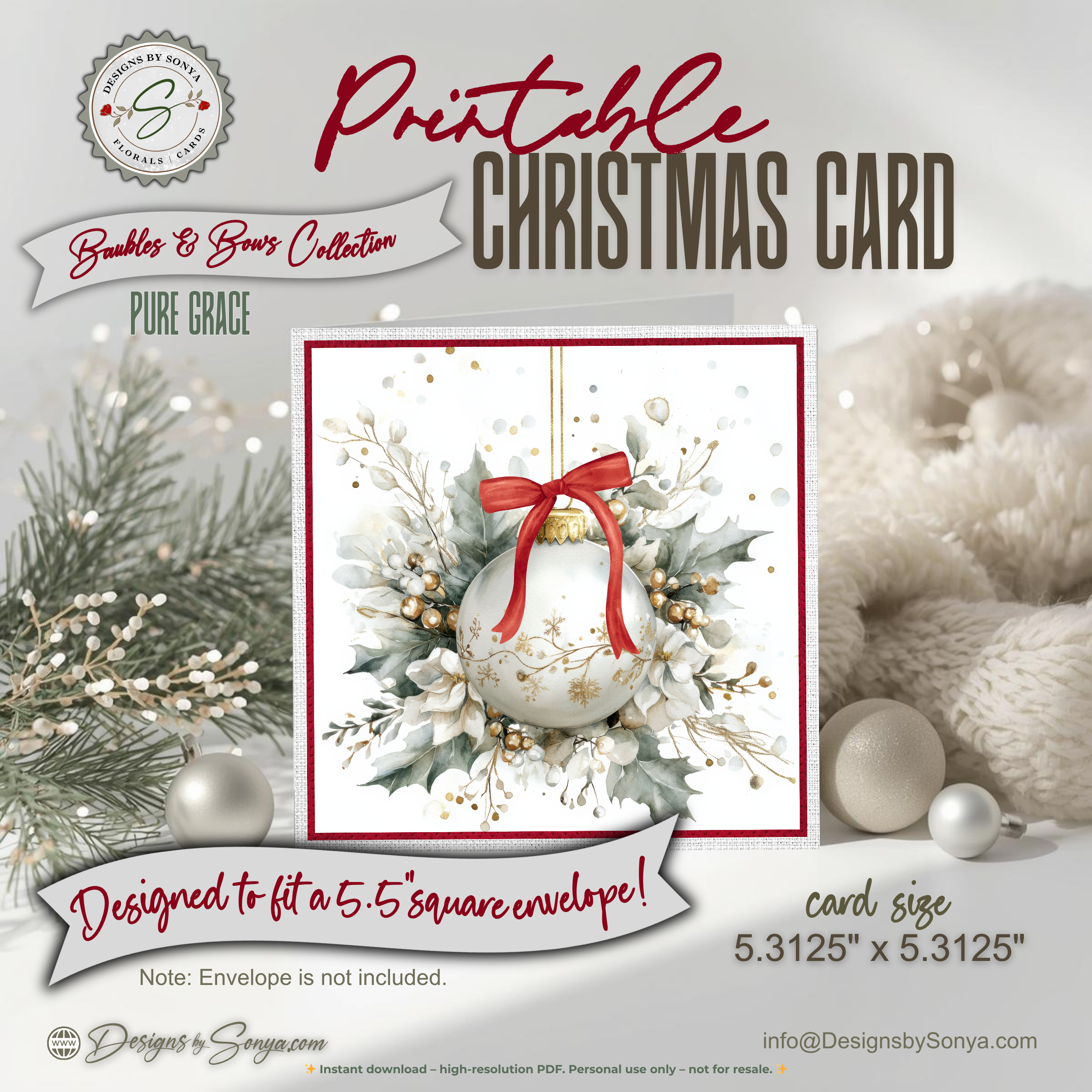 Printable Christmas Card – Watercolor Ornament with Red Bow, Holiday Greeting Card for Friends, Neighbors, Teachers, Coworkers, Family, Ministries