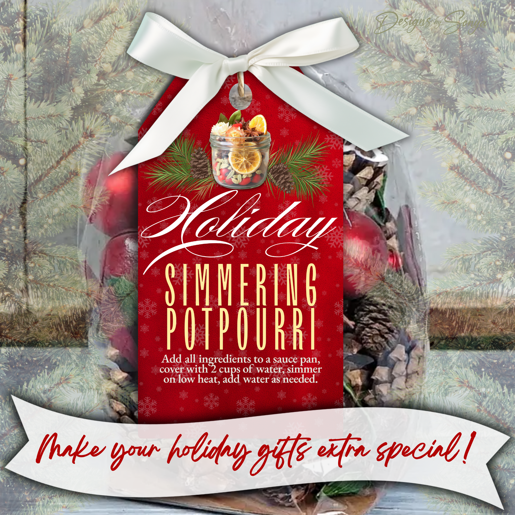 Red Holiday Potpourri Tag on Gift Bag
Red simmering potpourri tag with white script and gold lettering tied to a holiday gift bag. Perfect for handmade Christmas gifts, small business packaging, and religious holiday keepsakes.