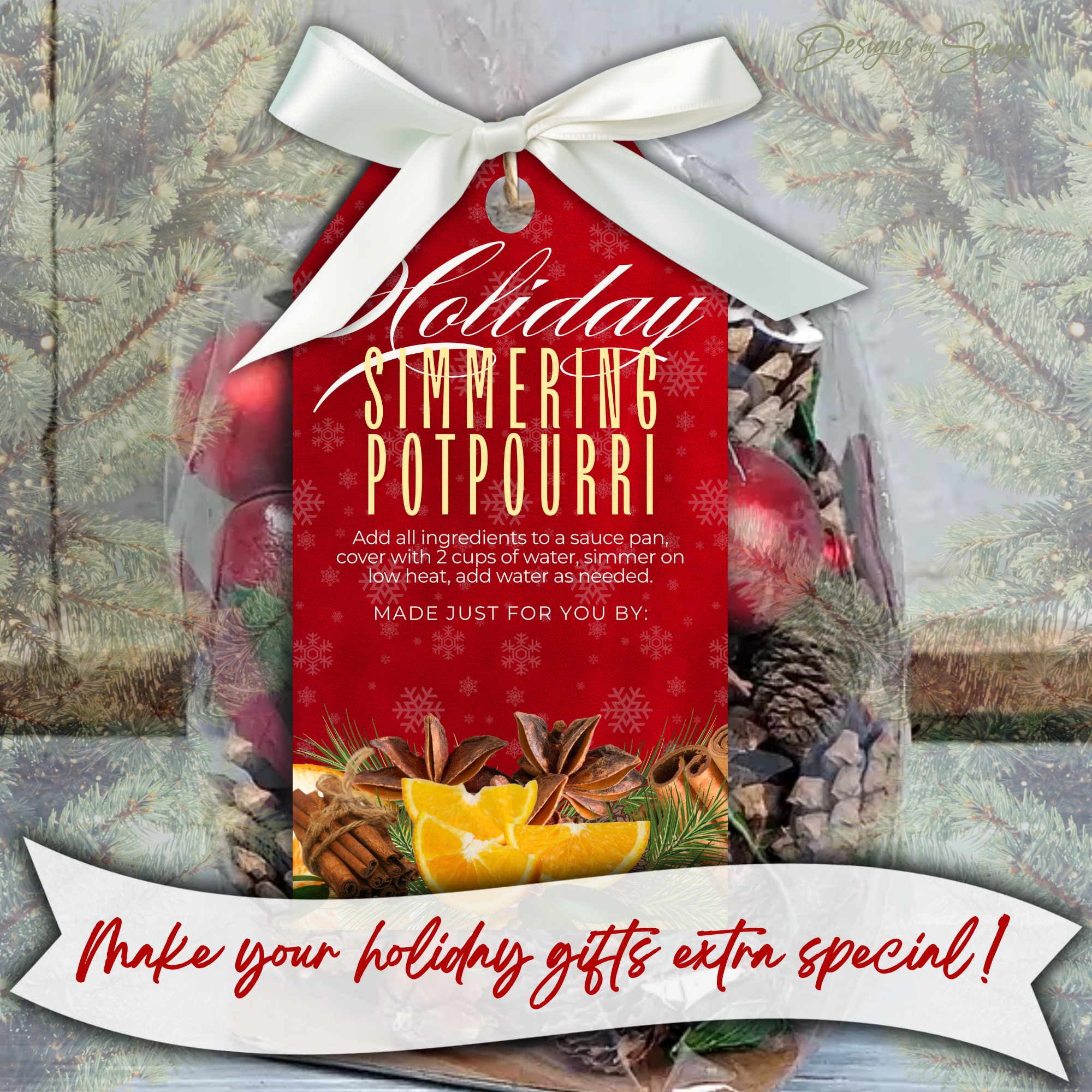 Red Holiday Potpourri Tag on Gift Bag
Red simmering potpourri gift tag with festive pine and citrus artwork, attached to a Christmas gift bag with white ribbon. Perfect for religious holiday gifting.