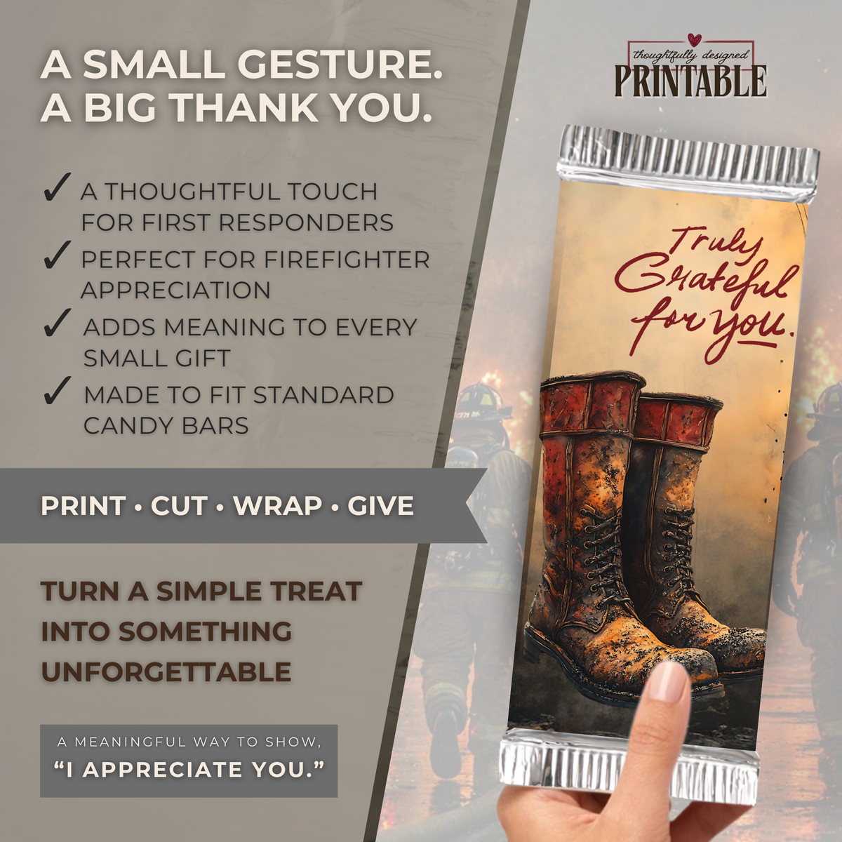 Truly Grateful for You Firefighter Candy Bar Wrapper | Printable Firefighter Appreciation Gift
