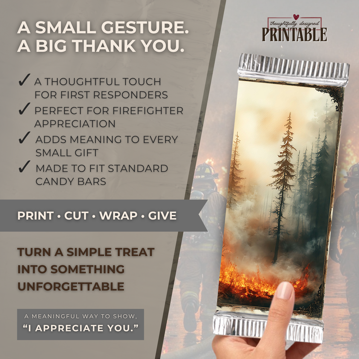 Wildfire Firefighter Candy Bar Wrapper | Printable Wildland Firefighter Appreciation Gift | 1.55 oz Chocolate Bar