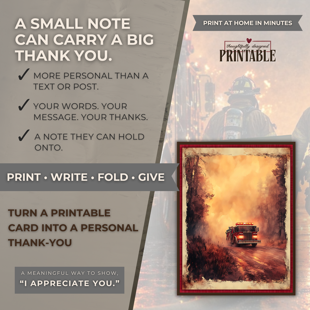 Printable Firefighter Appreciation Card | A2 First Responder Thank You Card | Fire Department & Fire Crew Card