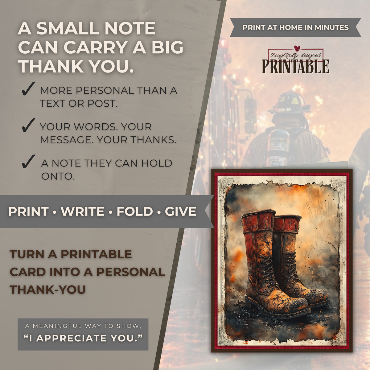 Printable Firefighter Thank You Card | A2 Firefighter Boots Card | Fire Department & First Responder Appreciation