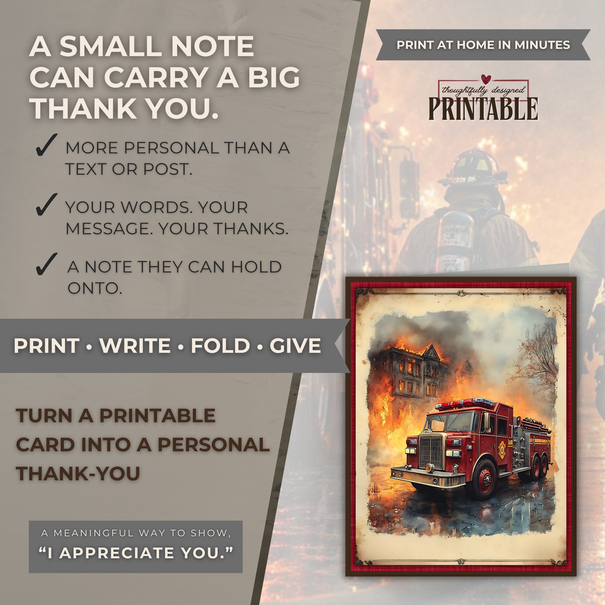 Printable Firefighter Thank You Card | A2 Fire Truck Appreciation Card | Fire Department & First Responder Card