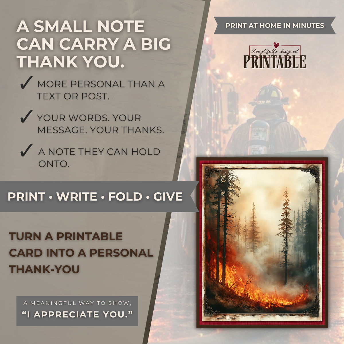 Printable Wildland Firefighter Thank You Card | A2 Wildfire Appreciation Card | Forest Fire & First Responder Card