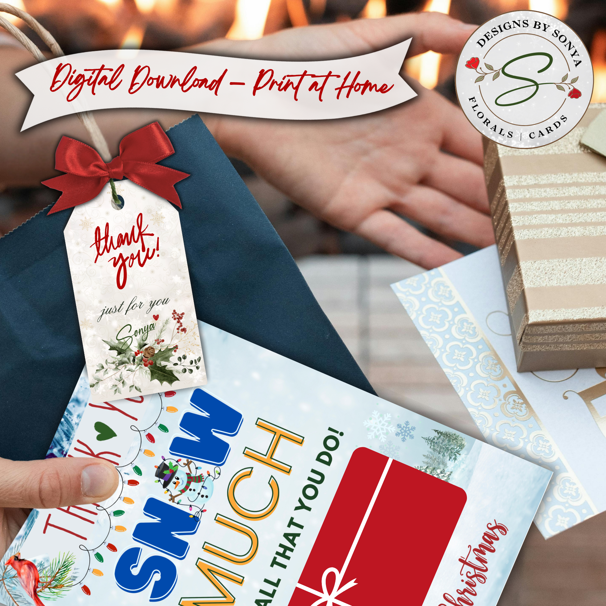 Snow Much Gift Card Holder in Use
Christmas gift card holder shown in use with holiday bag and wrapped presents. Printable Snow Much design perfect for teacher and coworker gifts.