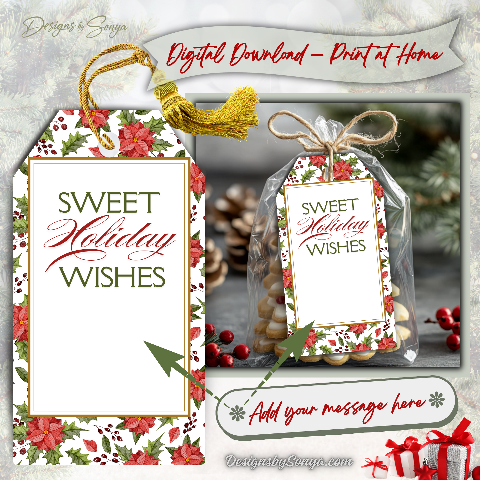 Sweet Holiday Wishes Tags Digital Download
Printable holiday gift tags shown with festive packaging. Instant digital download makes gift wrapping quick, easy, and stylish.